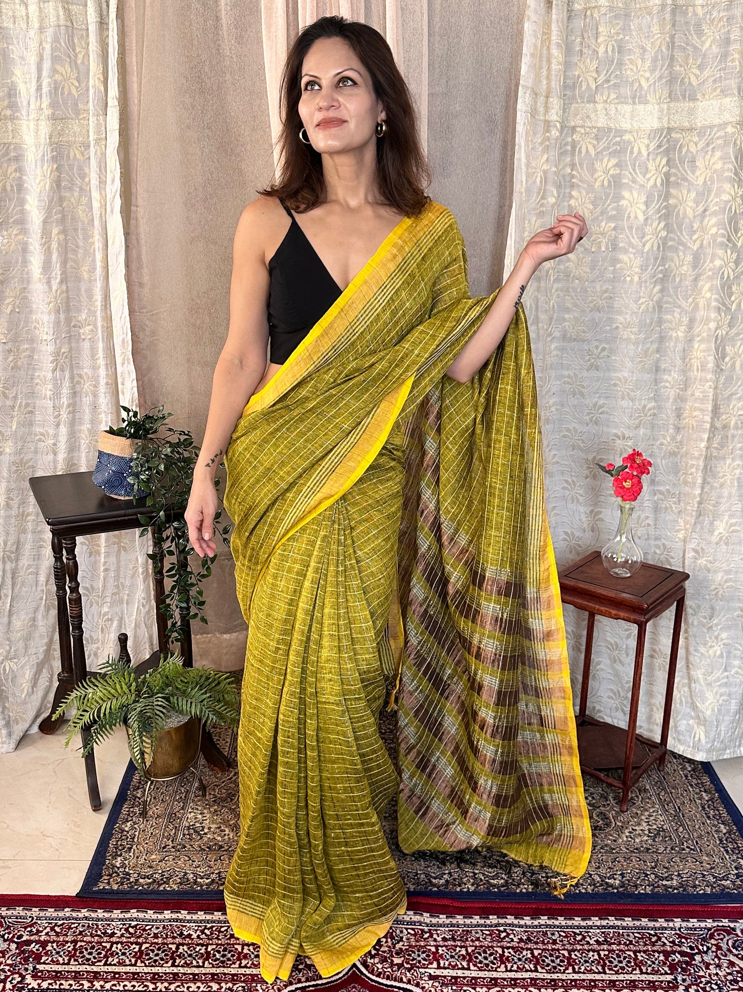 Yellow Pure Linen Sari with Silver and Gold Zari Checks - Raahini