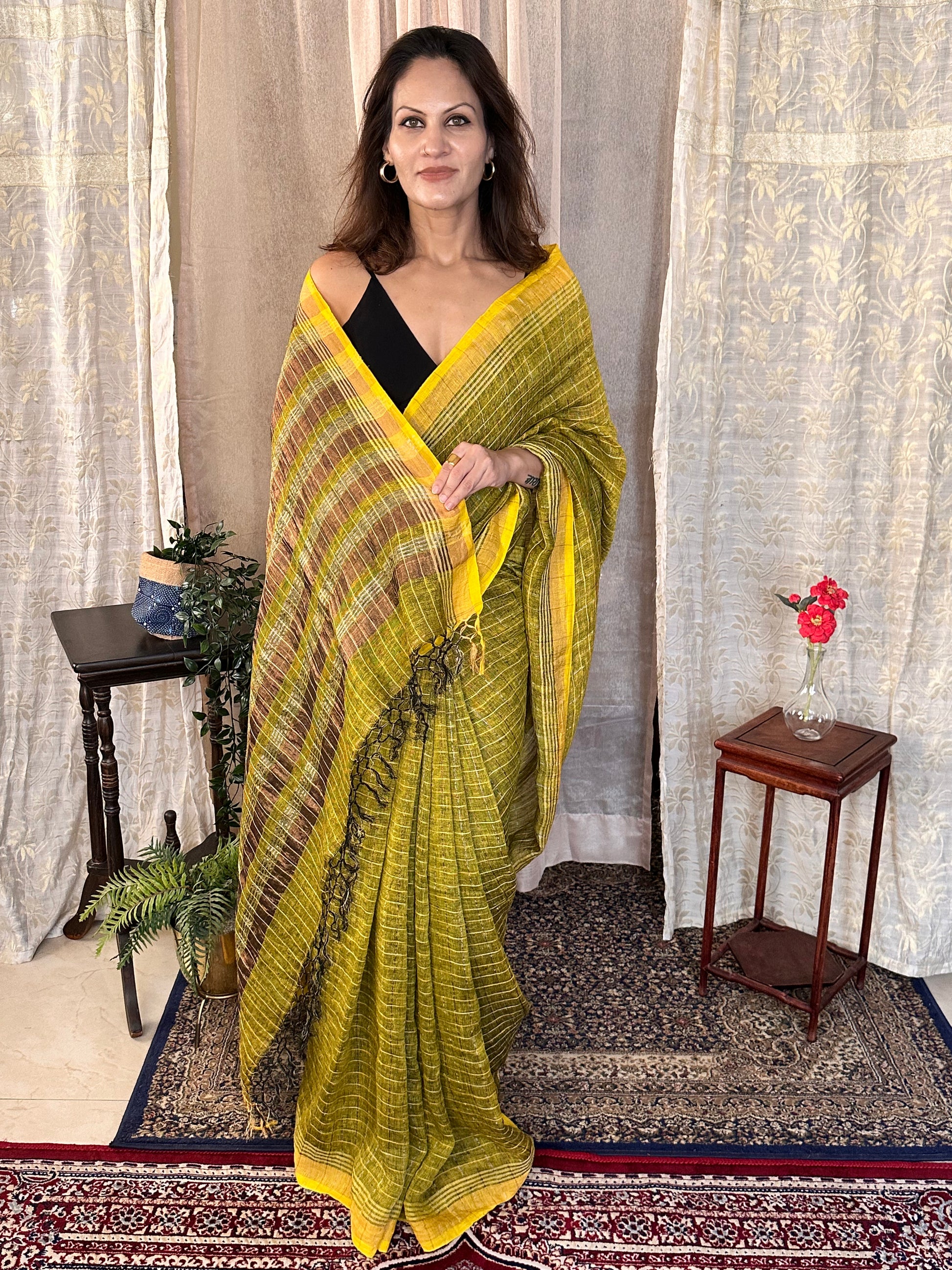 Yellow Pure Linen Sari with Silver and Gold Zari Checks - Raahini