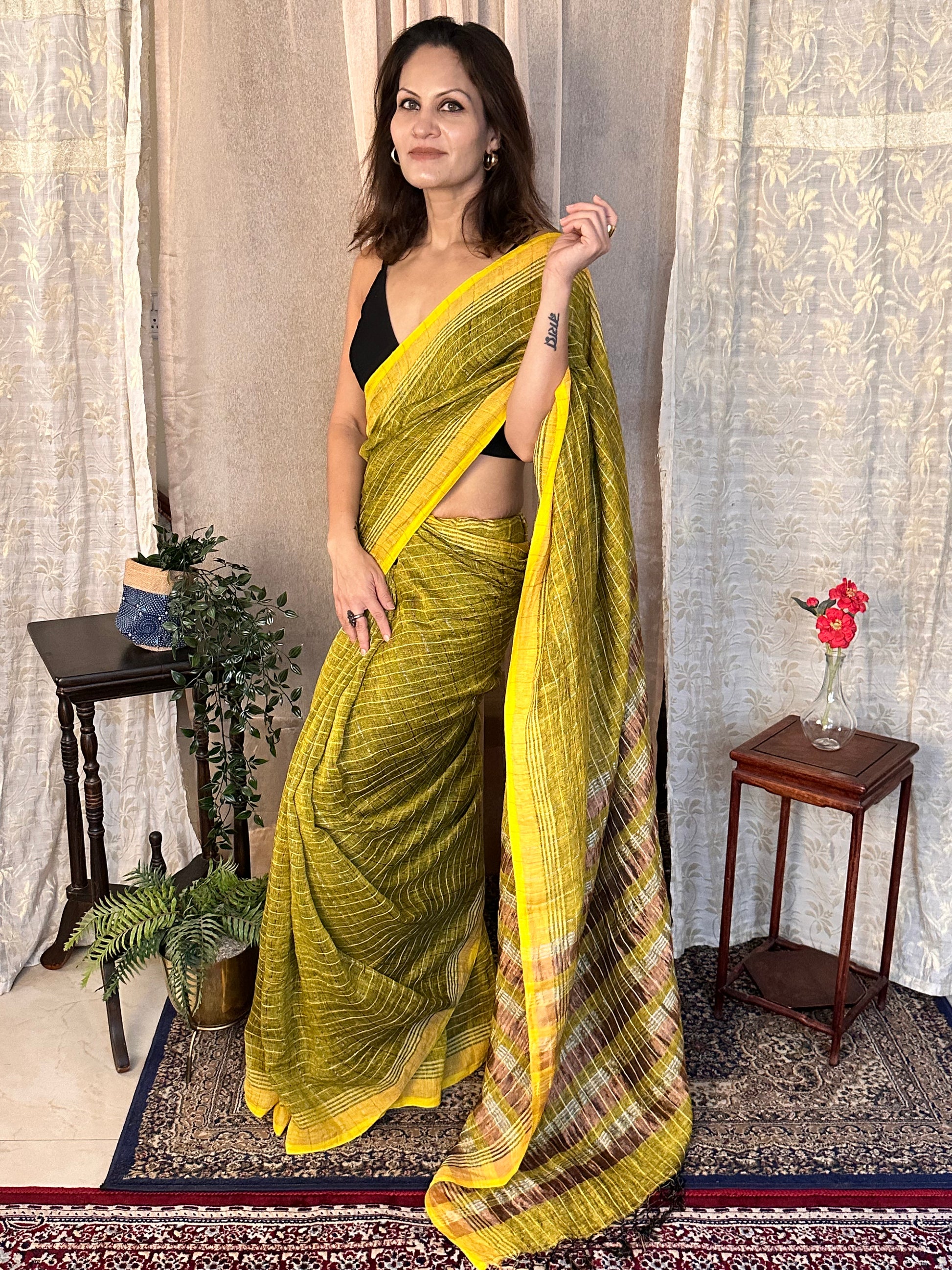 Yellow Pure Linen Sari with Silver and Gold Zari Checks - Raahini