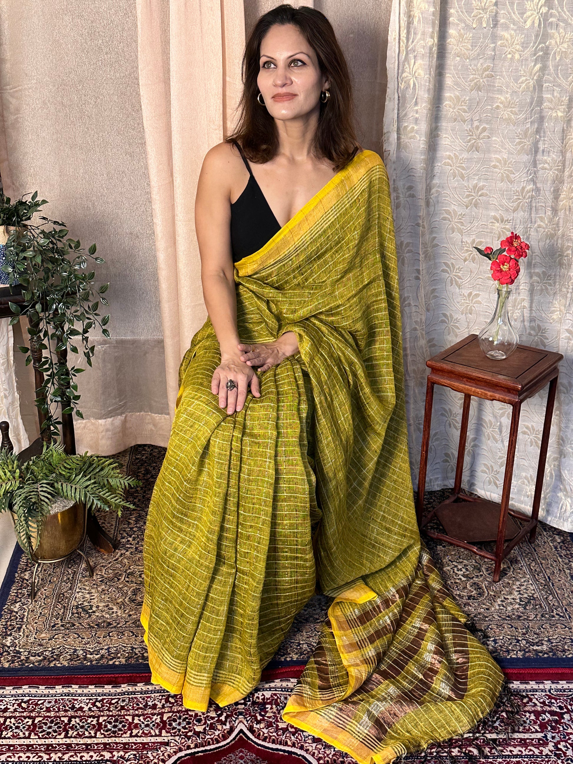 Yellow Pure Linen Sari with Silver and Gold Zari Checks - Raahini