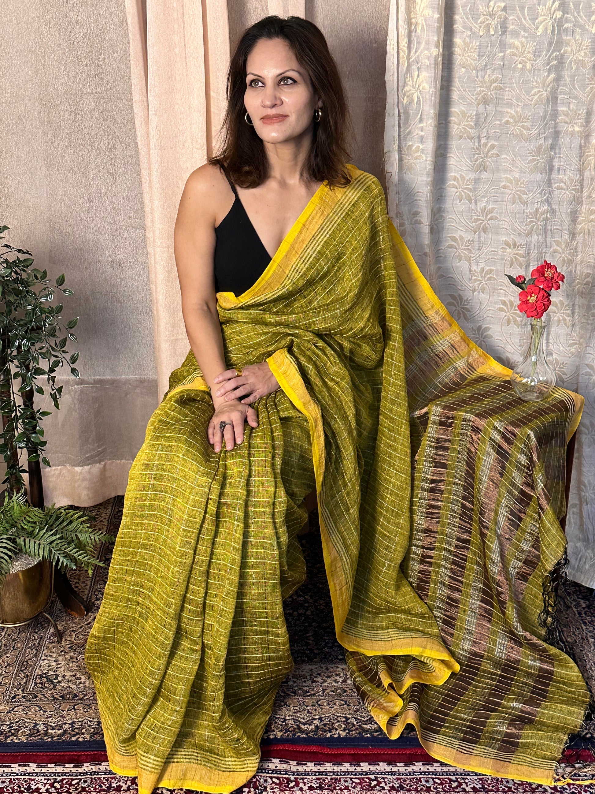 Yellow Pure Linen Sari with Silver and Gold Zari Checks - Raahini