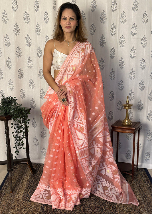 Peach Jacquard Weaving Cotton Silk Jamdani Sari with Zari Work