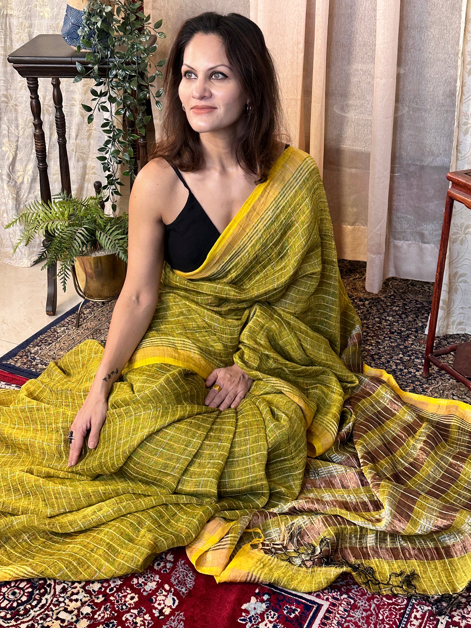 Yellow Pure Linen Sari with Silver and Gold Zari Checks - Raahini