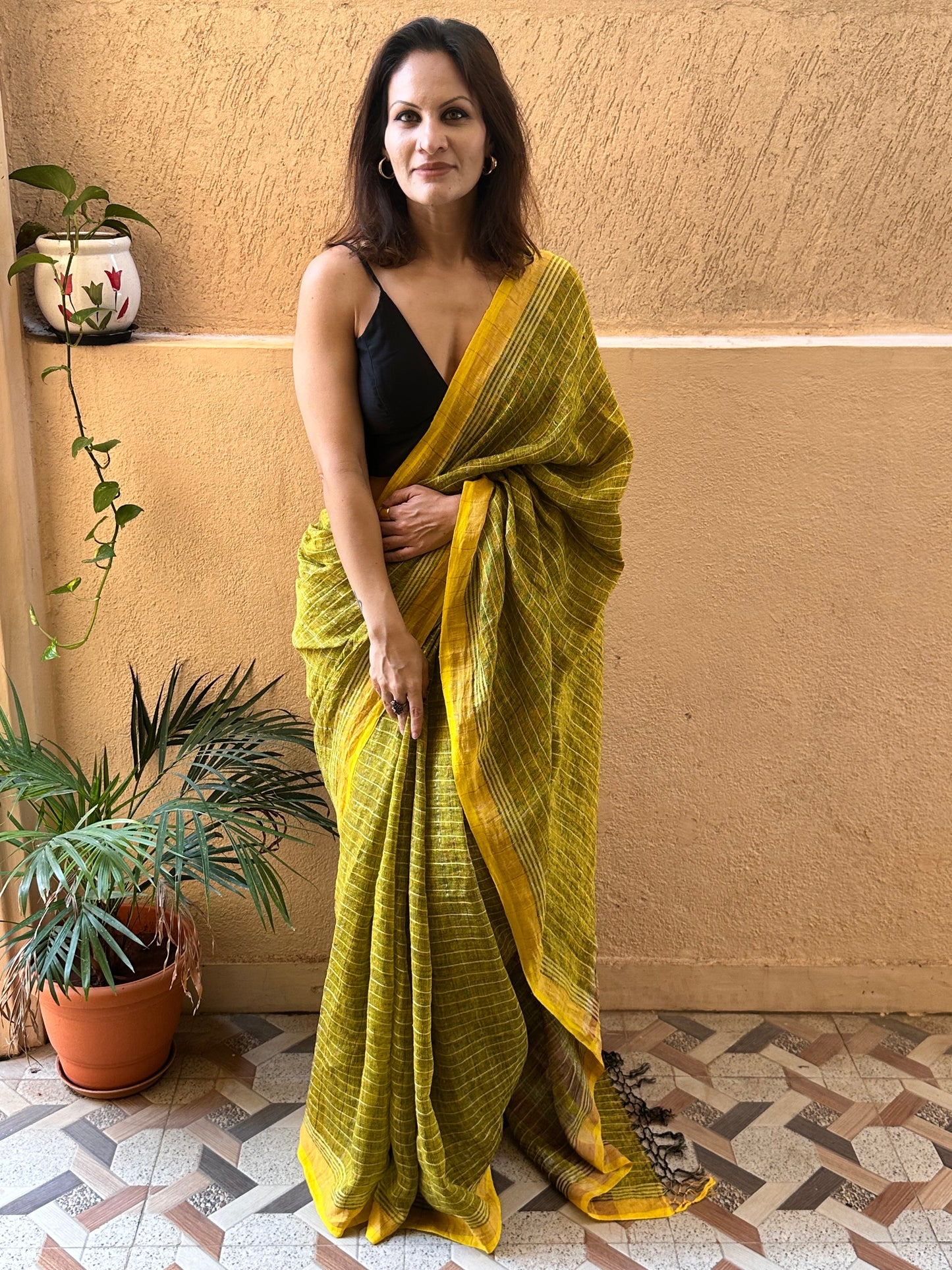 Yellow Pure Linen Sari with Silver and Gold Zari Checks - Raahini