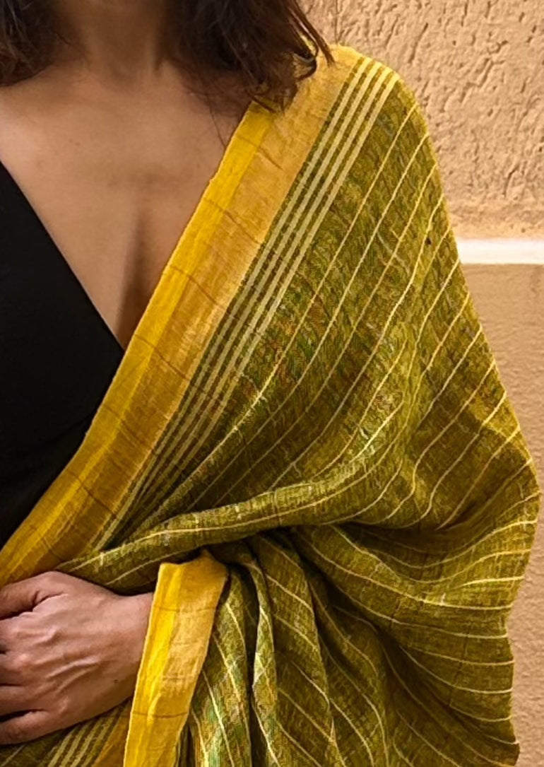 Yellow Pure Linen Sari with Silver and Gold Zari Checks - Raahini