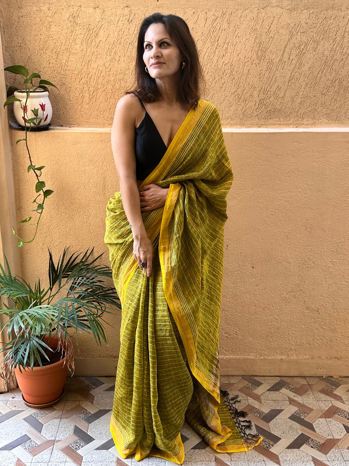 Yellow Pure Linen Sari with Silver and Gold Zari Checks - Raahini