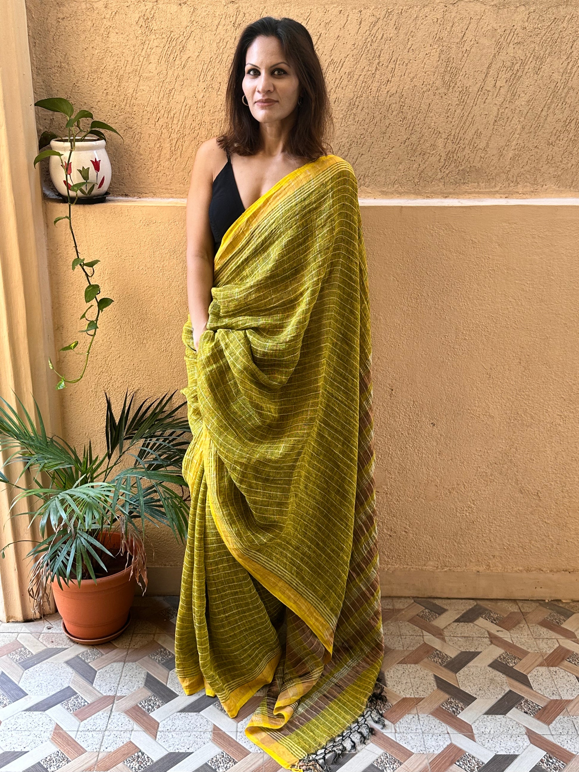 Yellow Pure Linen Sari with Silver and Gold Zari Checks - Raahini