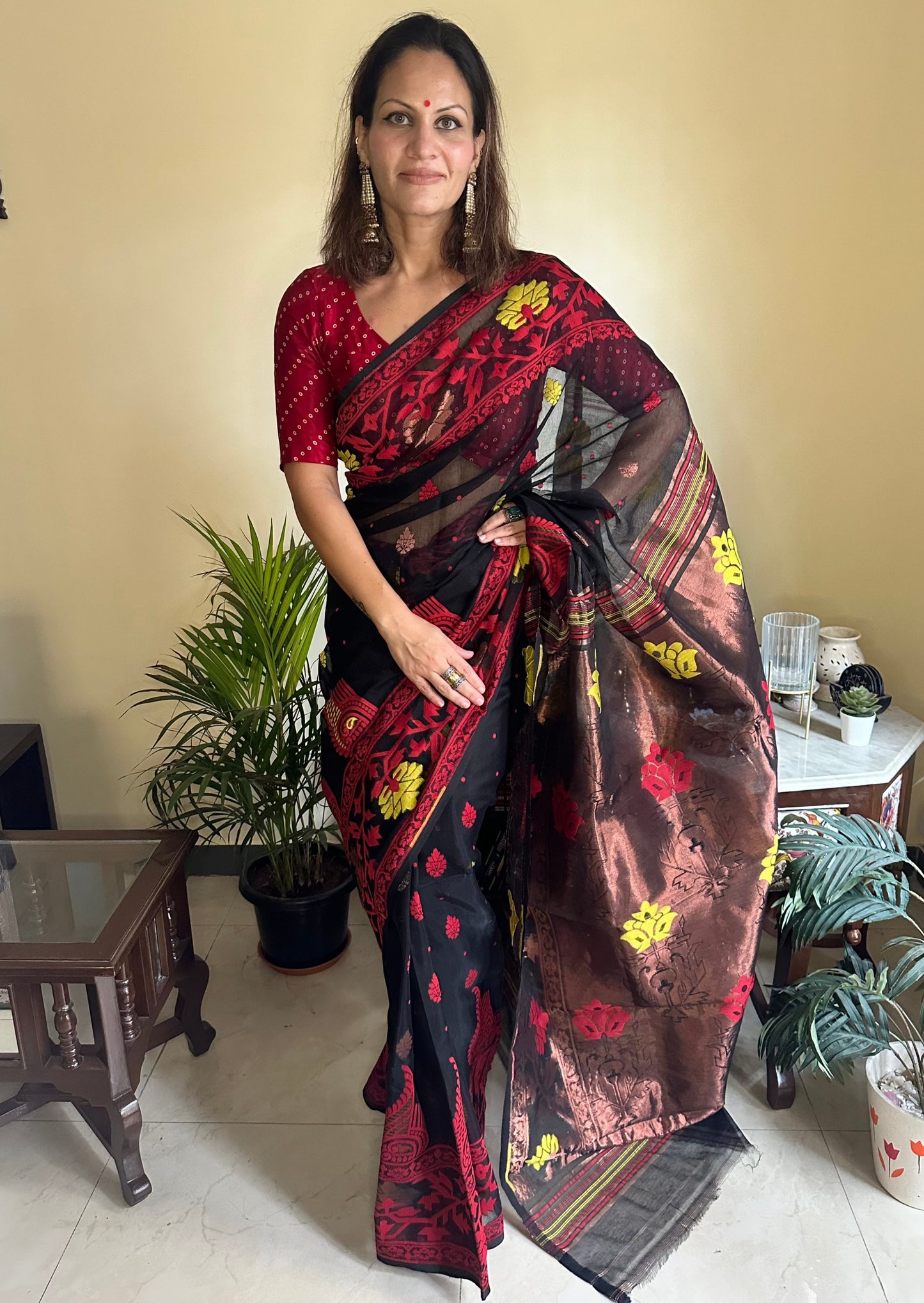 Black & Copper Cotton Silk Jamdani Sari - Raahini