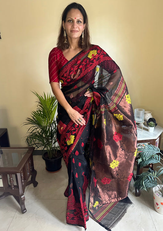 Black & Copper Cotton Silk Jamdani Sari - Raahini