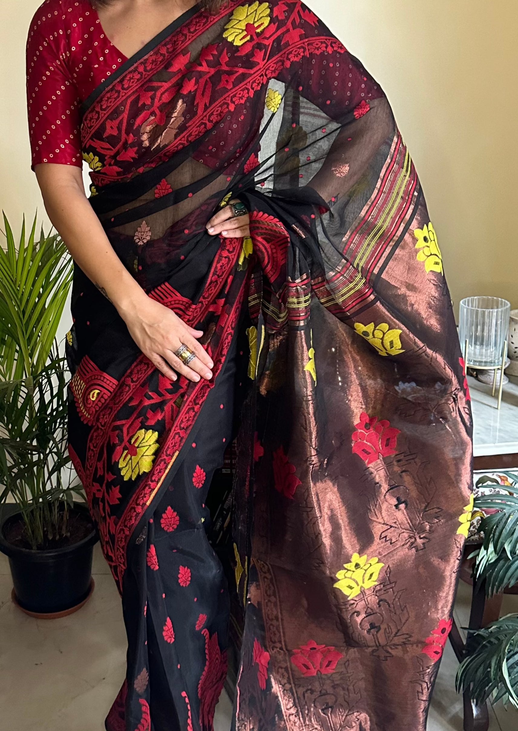 Black & Copper Cotton Silk Jamdani Sari - Raahini