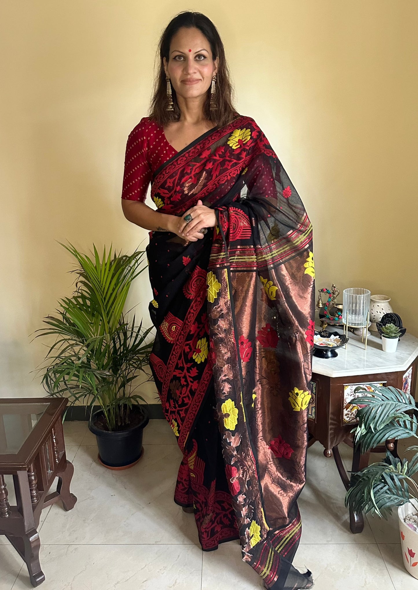 Black & Copper Cotton Silk Jamdani Sari - Raahini