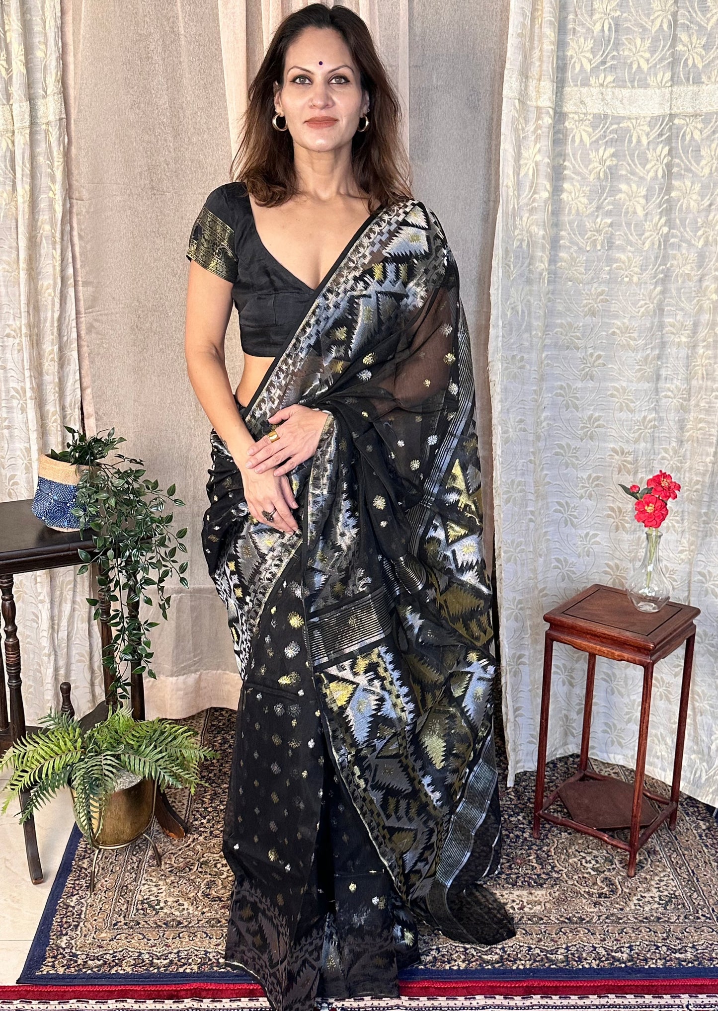 Black Jacquard Weaving Cotton Silk Jamdani Sari with Zari Work - Raahini