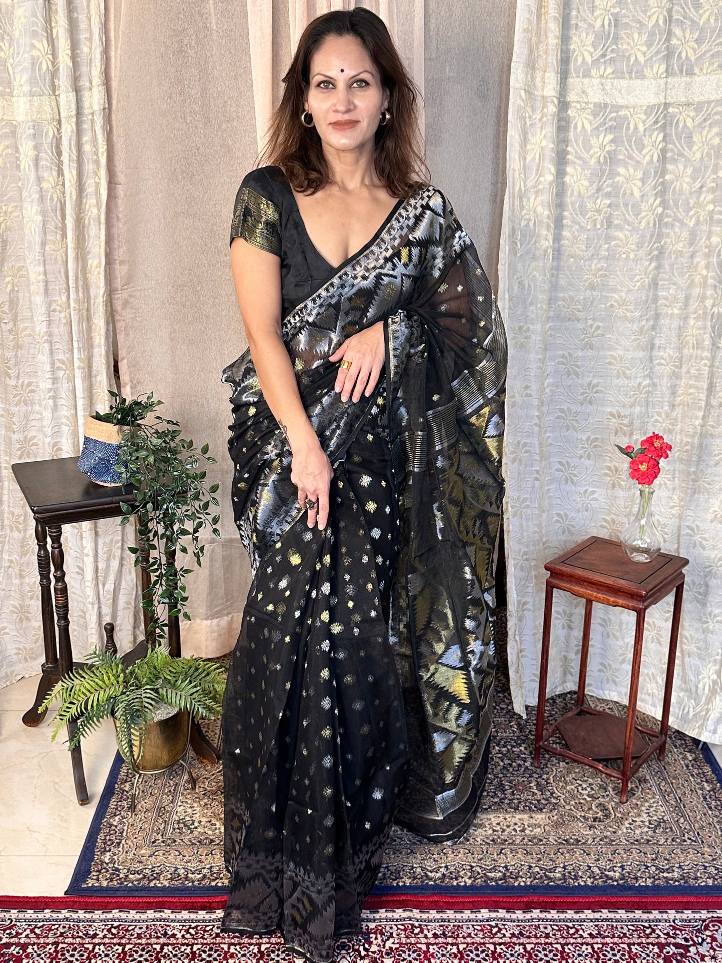 Black Jacquard Weaving Cotton Silk Jamdani Sari with Zari Work - Raahini