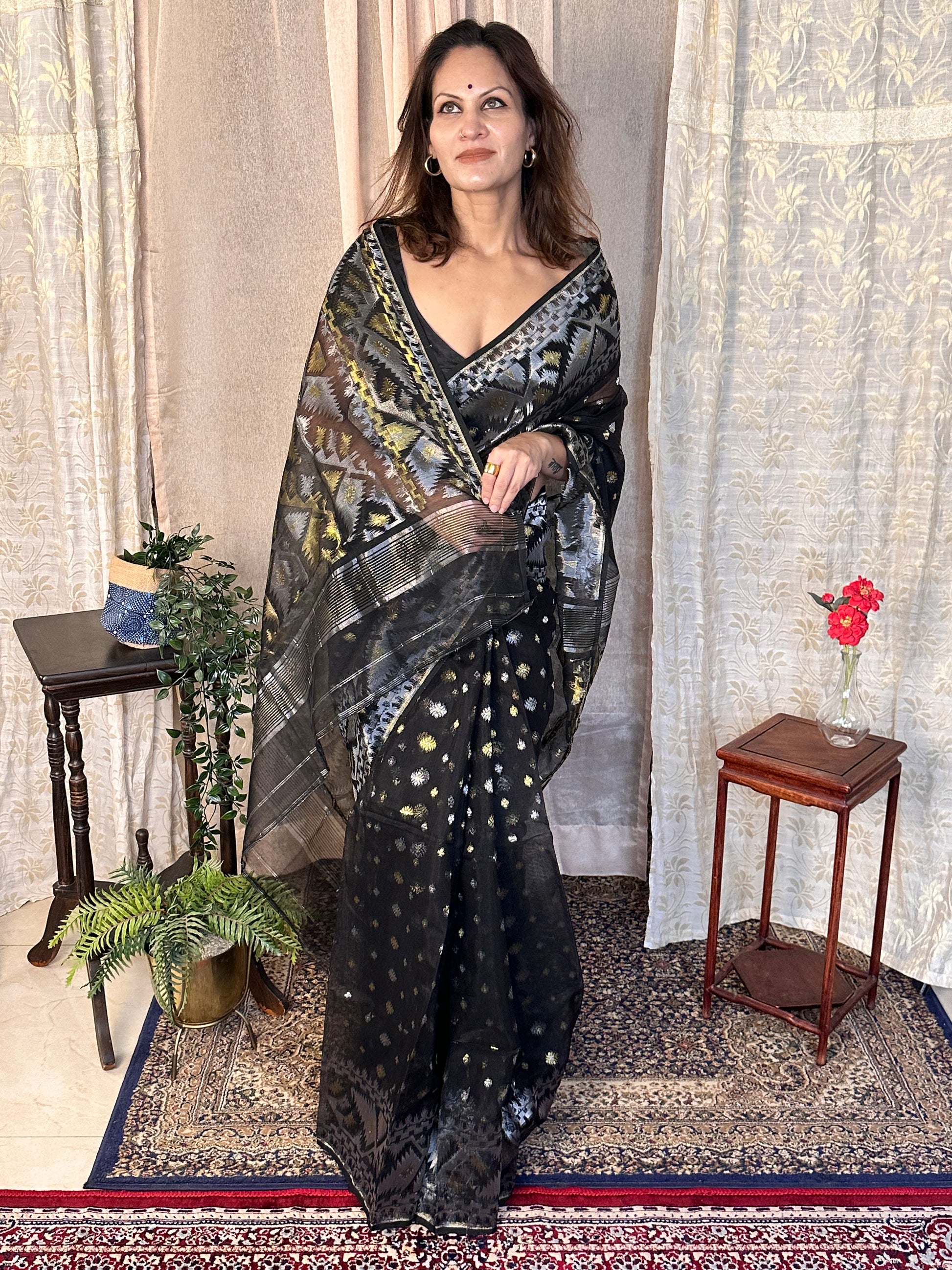 Black Jacquard Weaving Cotton Silk Jamdani Sari with Zari Work - Raahini