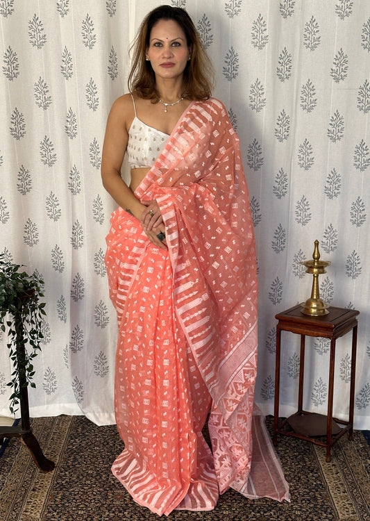 Peach & White Cotton Silk Jamdani Saree with Woven Design