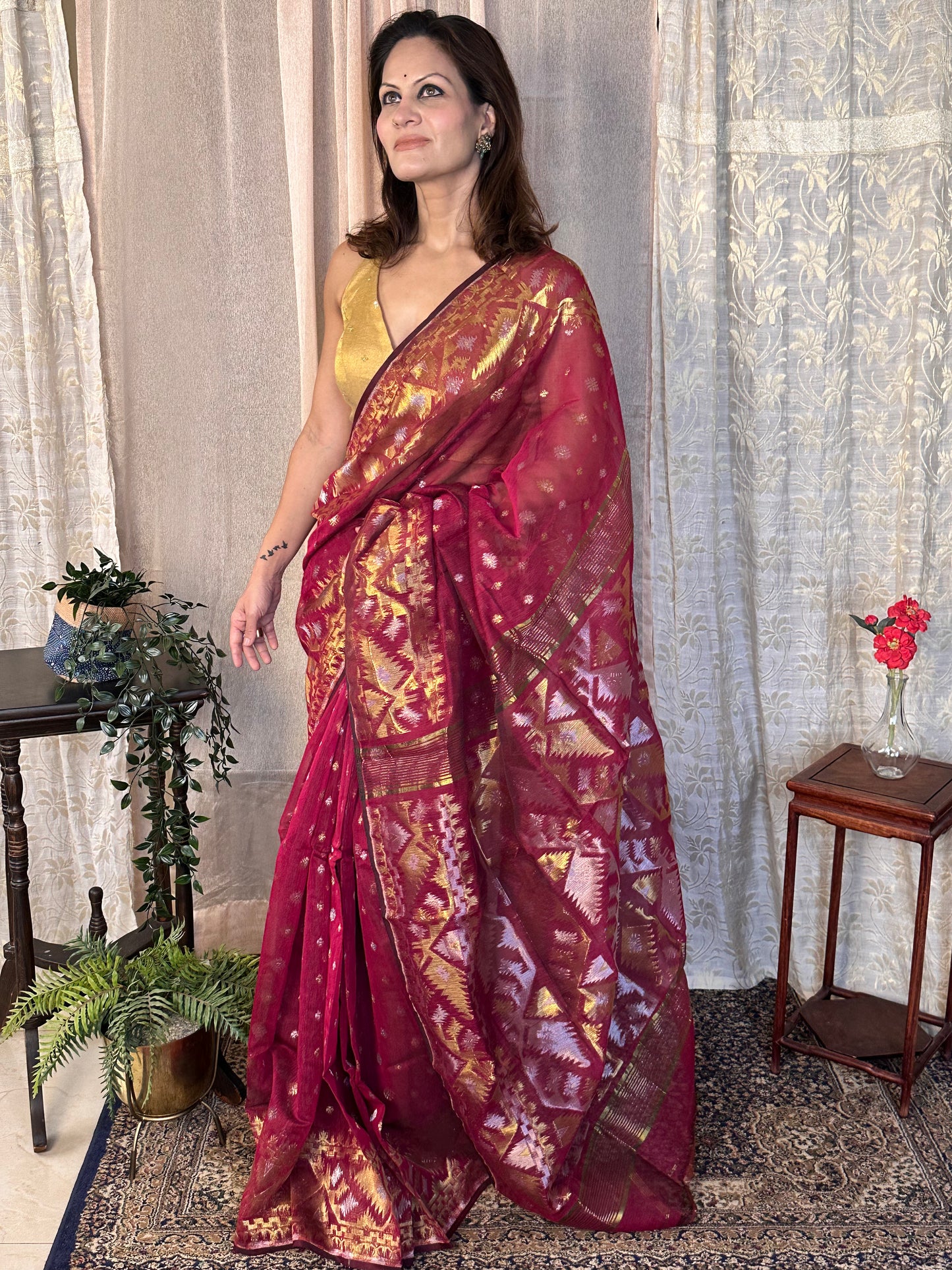 Magenta Jacquard Weaving Cotton Silk Jamdani Sari with Zari Work - Raahini