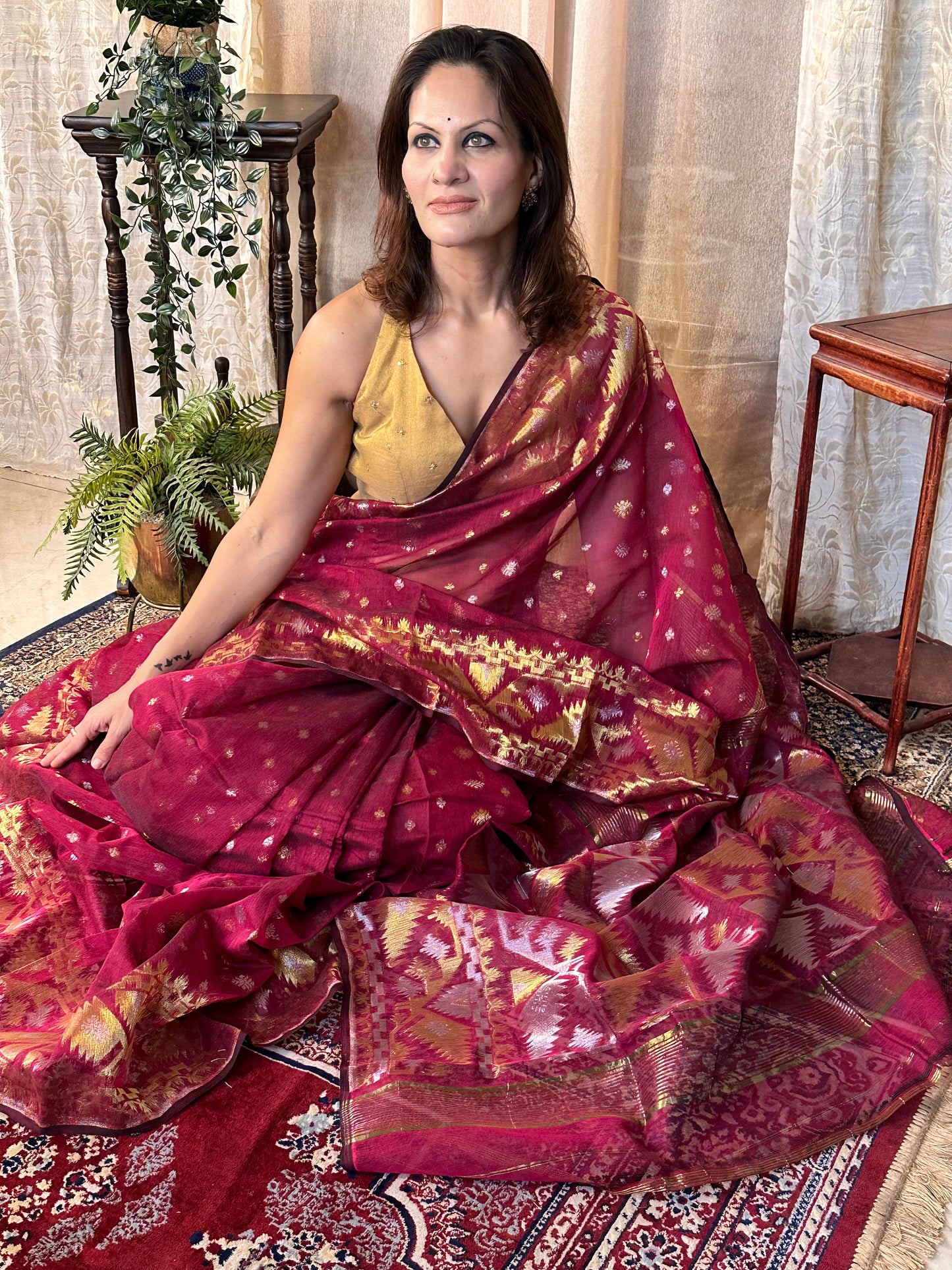 Magenta Jacquard Weaving Cotton Silk Jamdani Sari with Zari Work - Raahini