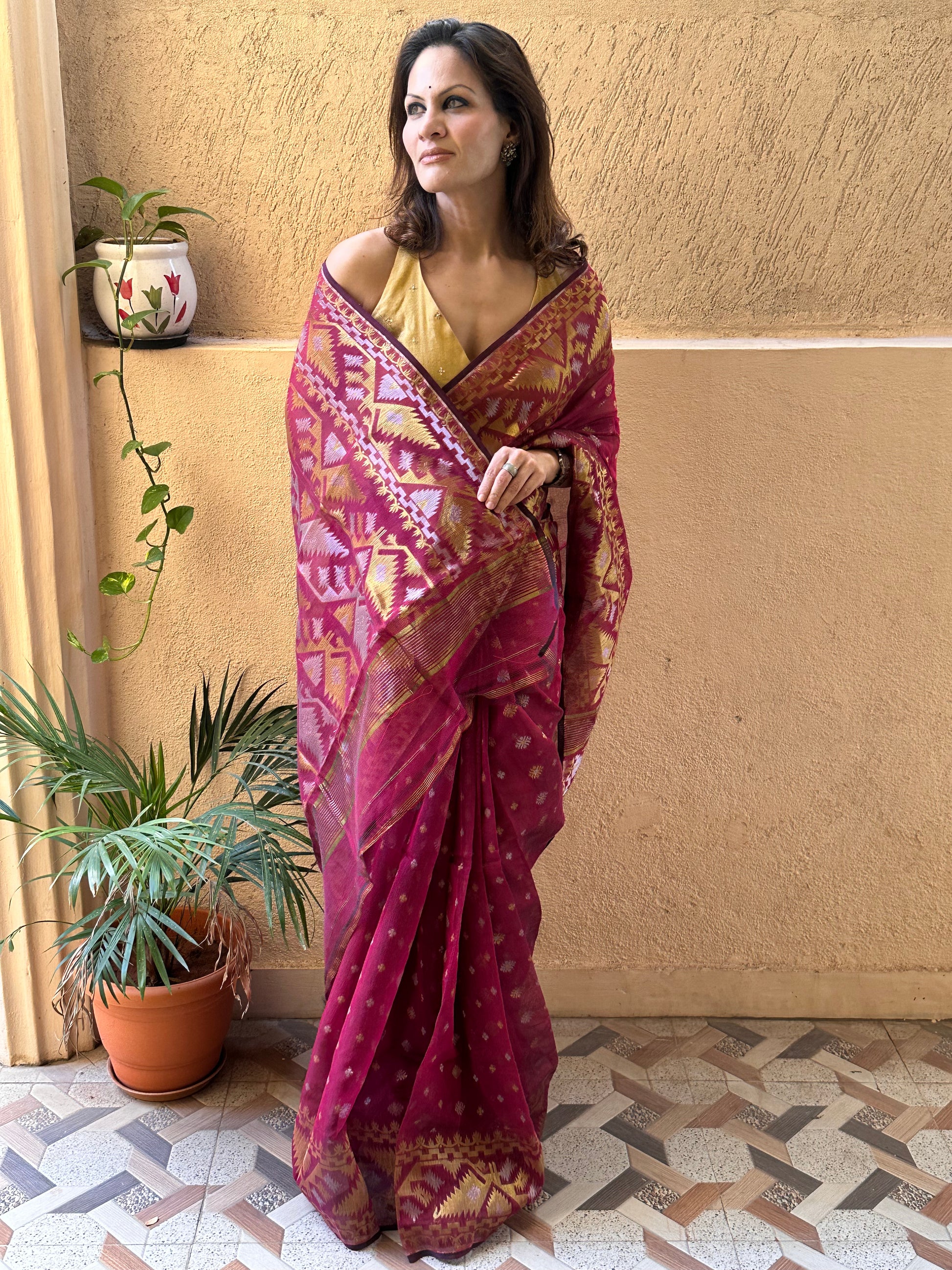 Magenta Jacquard Weaving Cotton Silk Jamdani Sari with Zari Work - Raahini