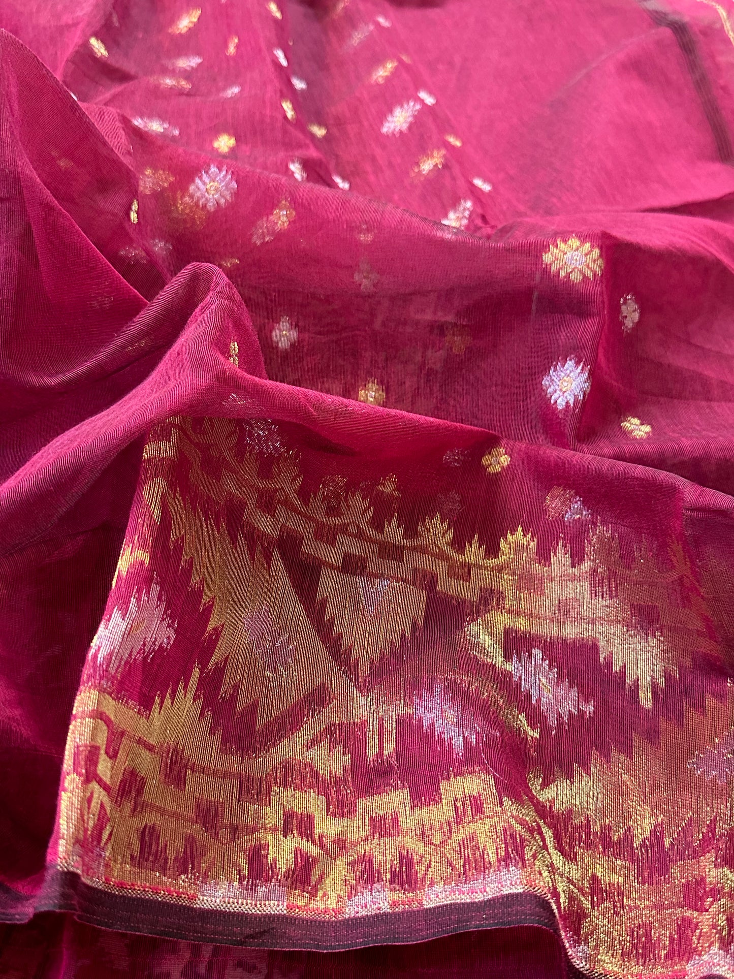 Magenta Jacquard Weaving Cotton Silk Jamdani Sari with Zari Work - Raahini