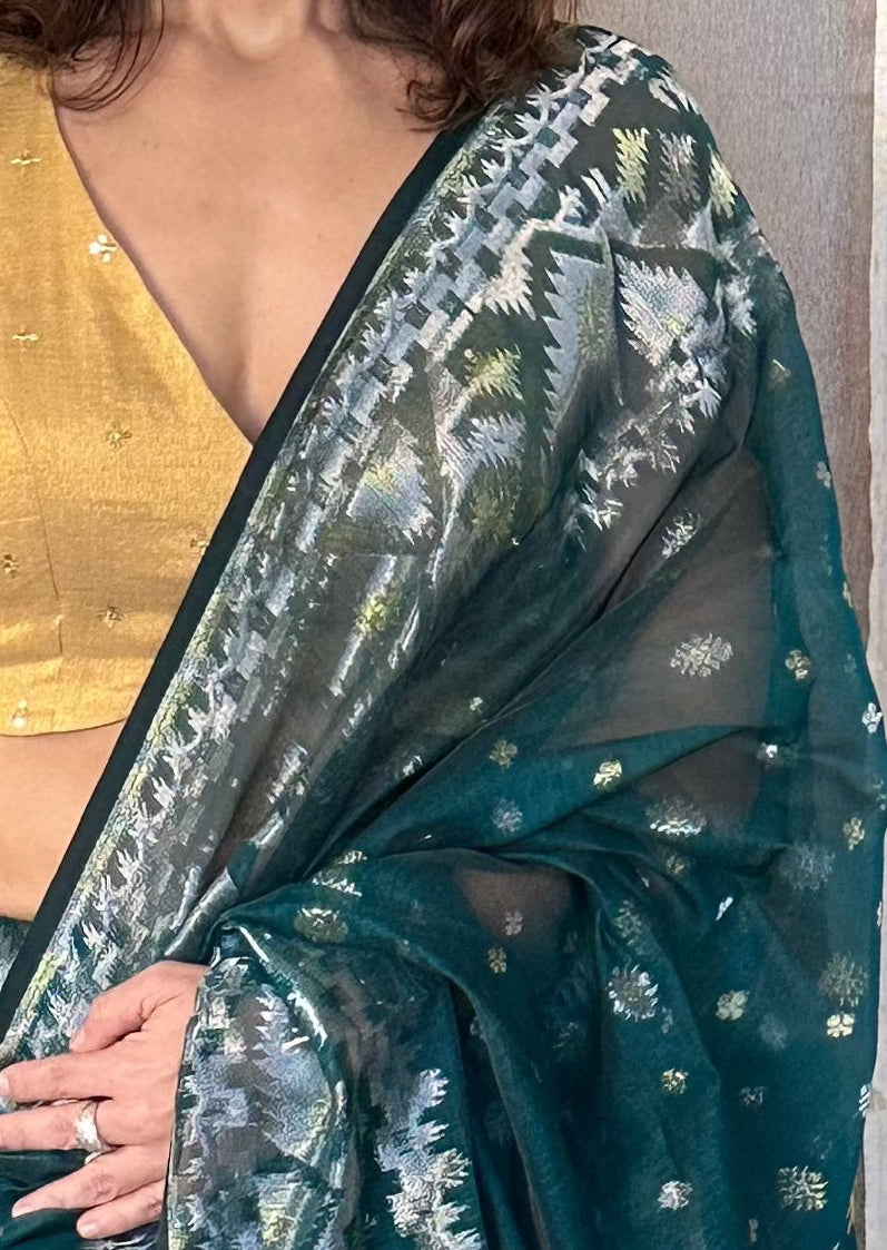 Green Jacquard Weaving Cotton Silk Jamdani Sari with Zari Work - Raahini