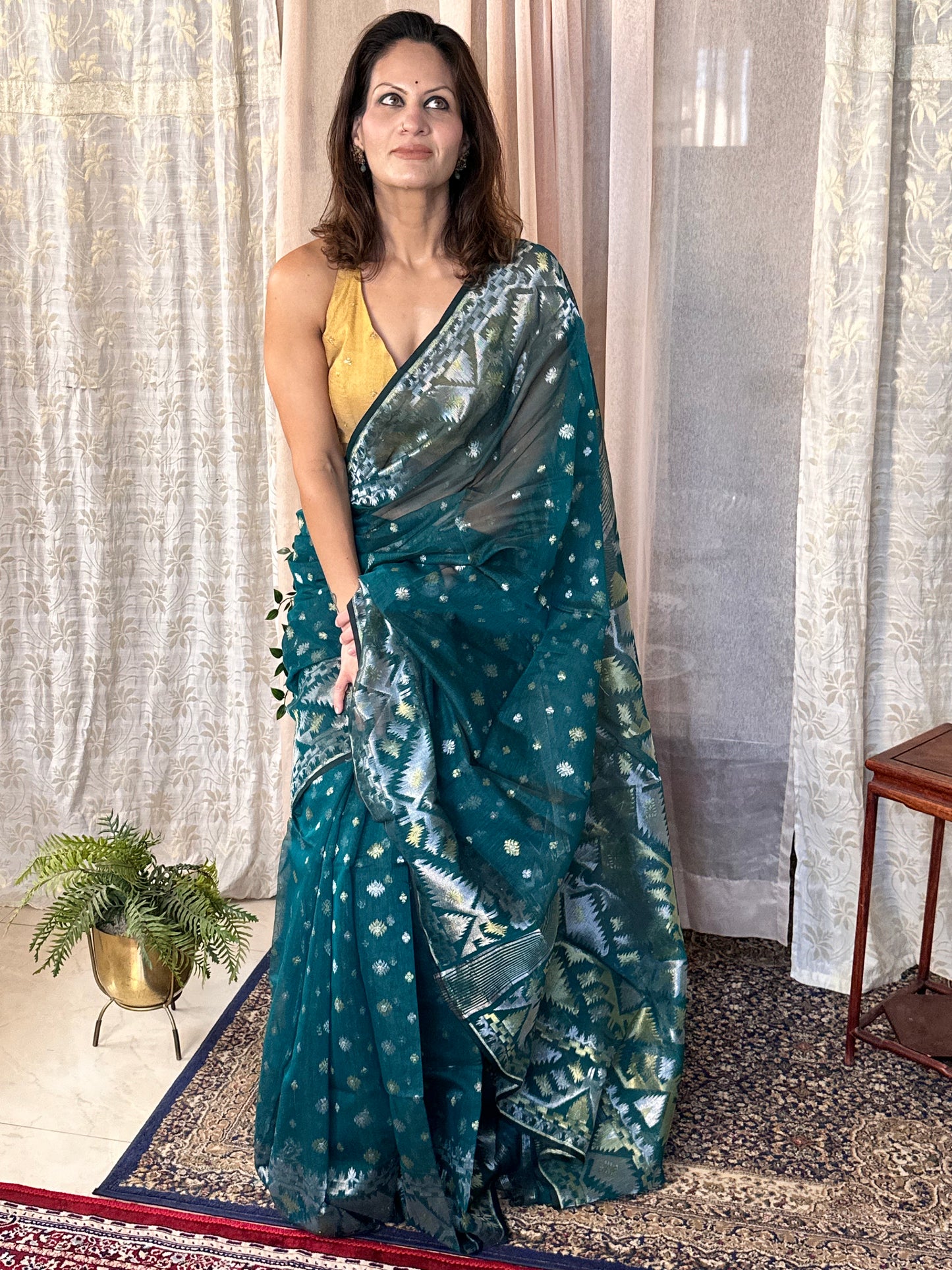 Green Jacquard Weaving Cotton Silk Jamdani Sari with Zari Work - Raahini