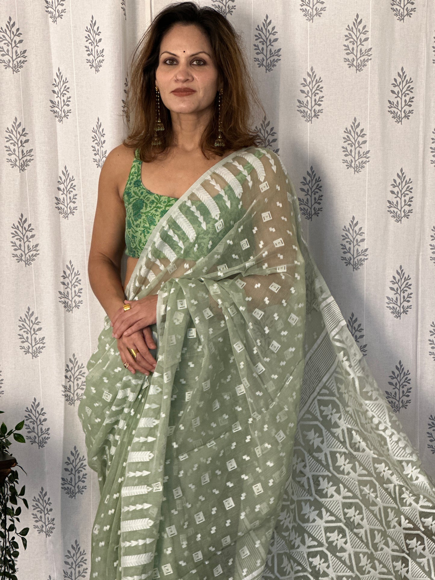 Green & White Cotton Silk Jamdani Saree with Woven Design