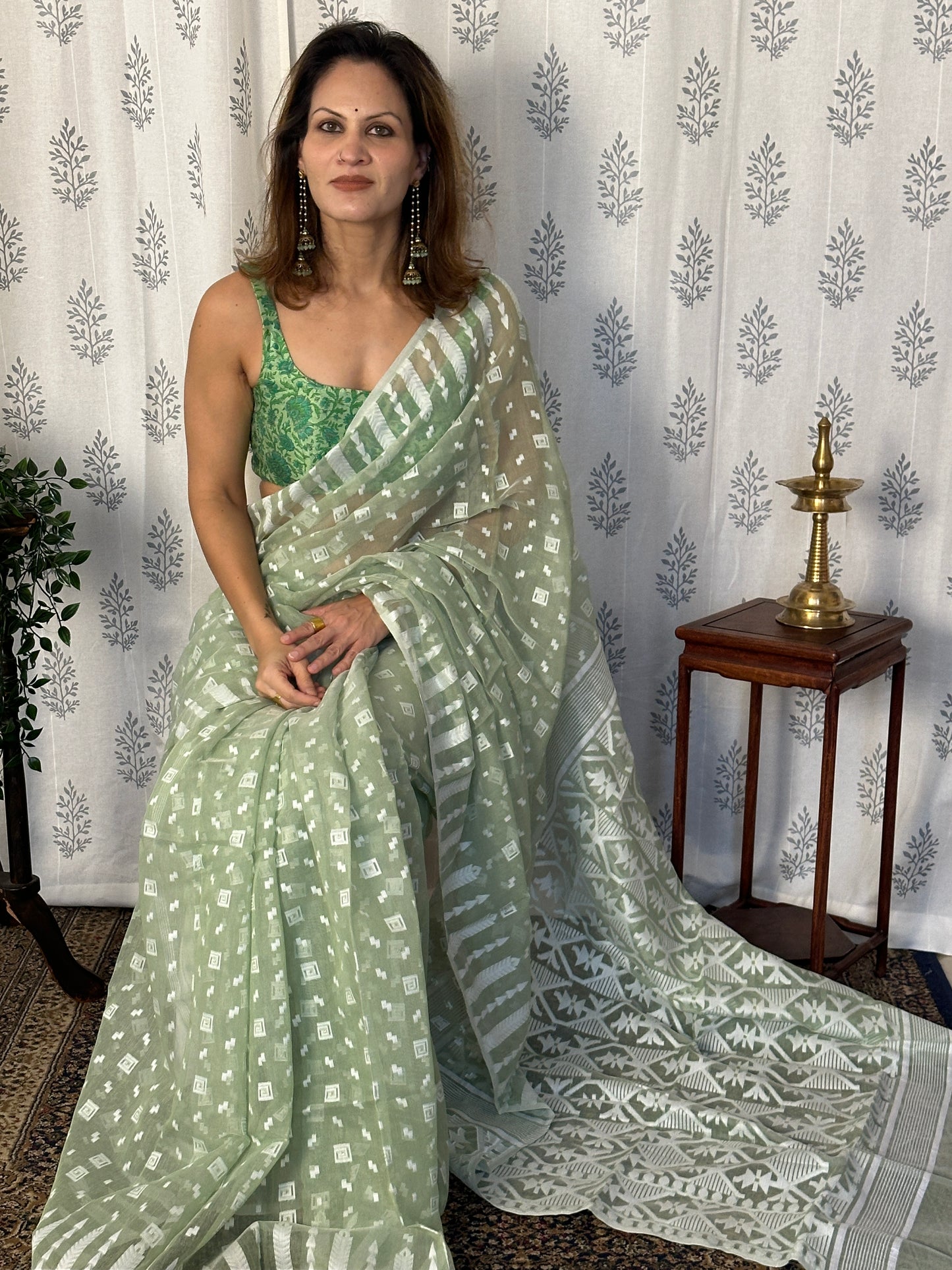 Green & White Cotton Silk Jamdani Saree with Woven Design