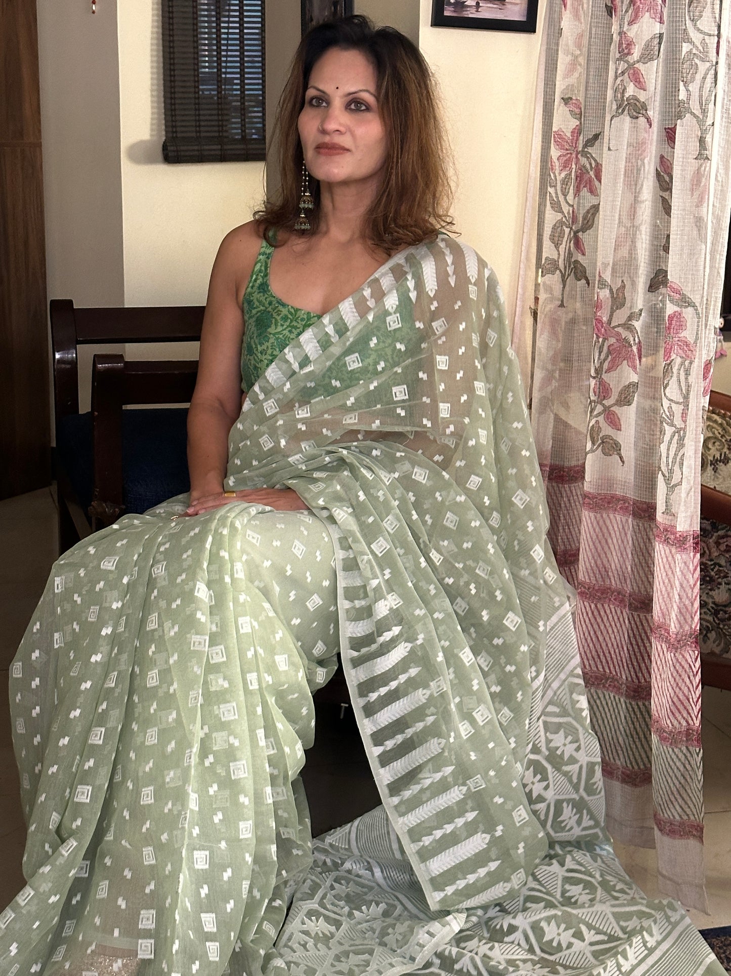 Green & White Cotton Silk Jamdani Saree with Woven Design