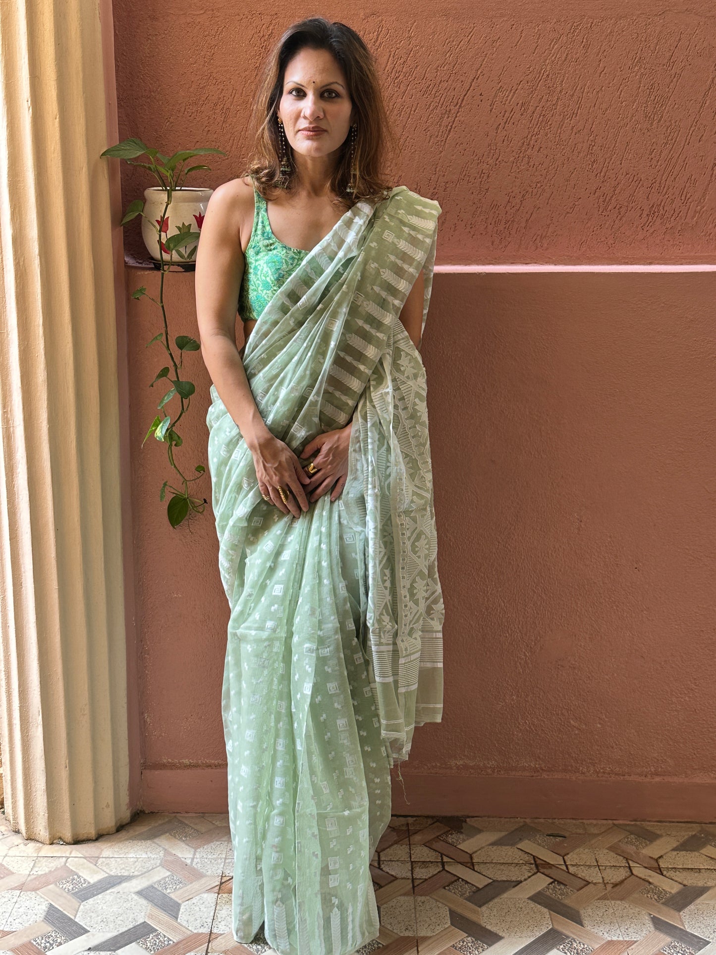 Green & White Cotton Silk Jamdani Saree with Woven Design