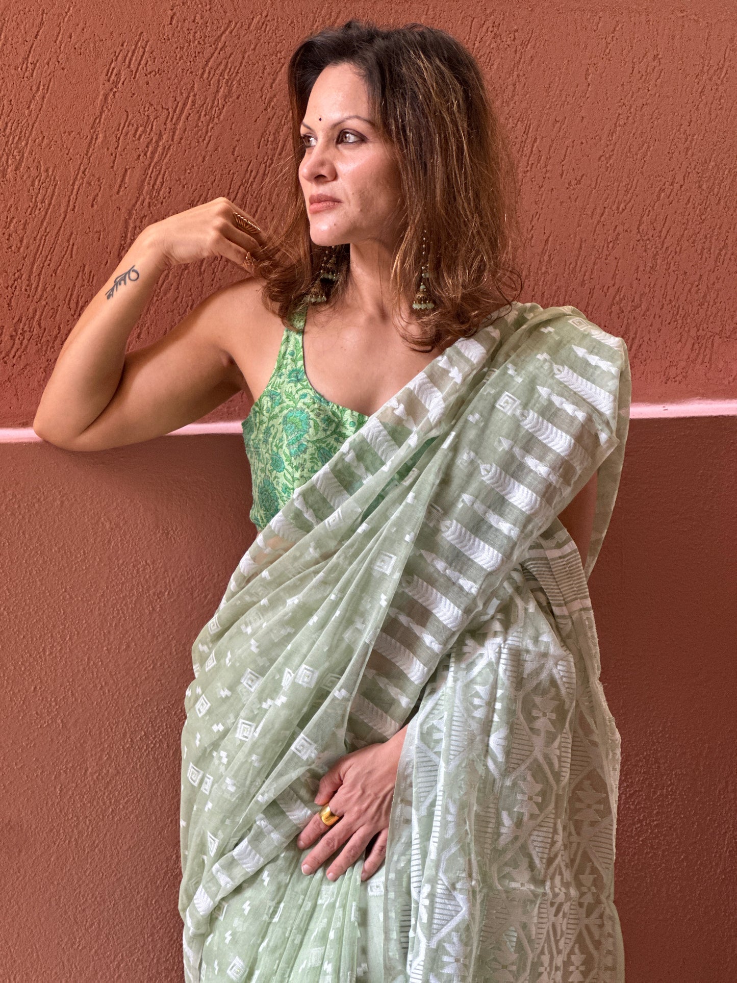 Green & White Cotton Silk Jamdani Saree with Woven Design