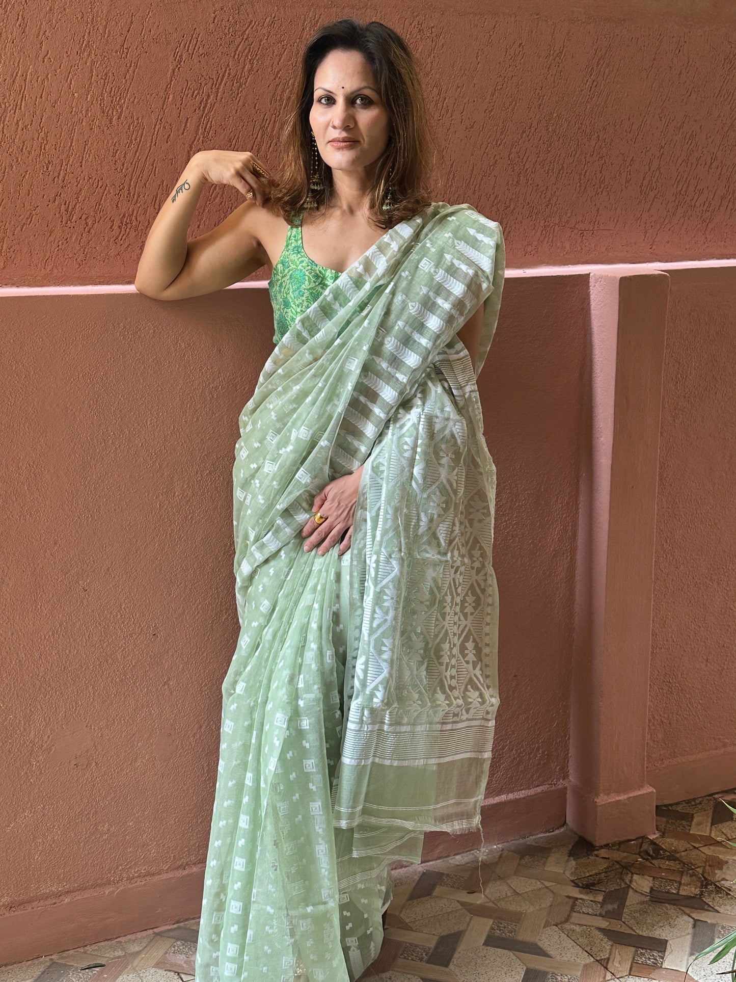 Green & White Cotton Silk Jamdani Saree with Woven Design