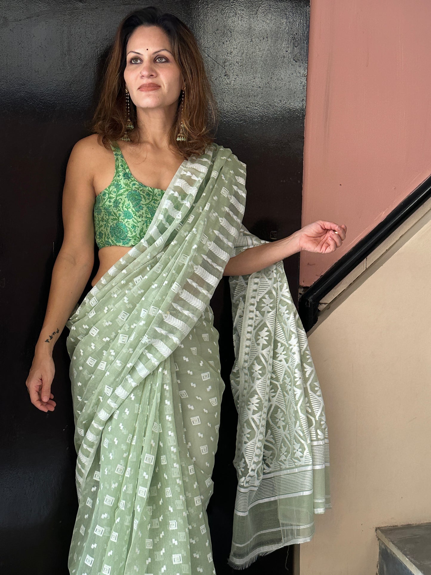 Green & White Cotton Silk Jamdani Saree with Woven Design