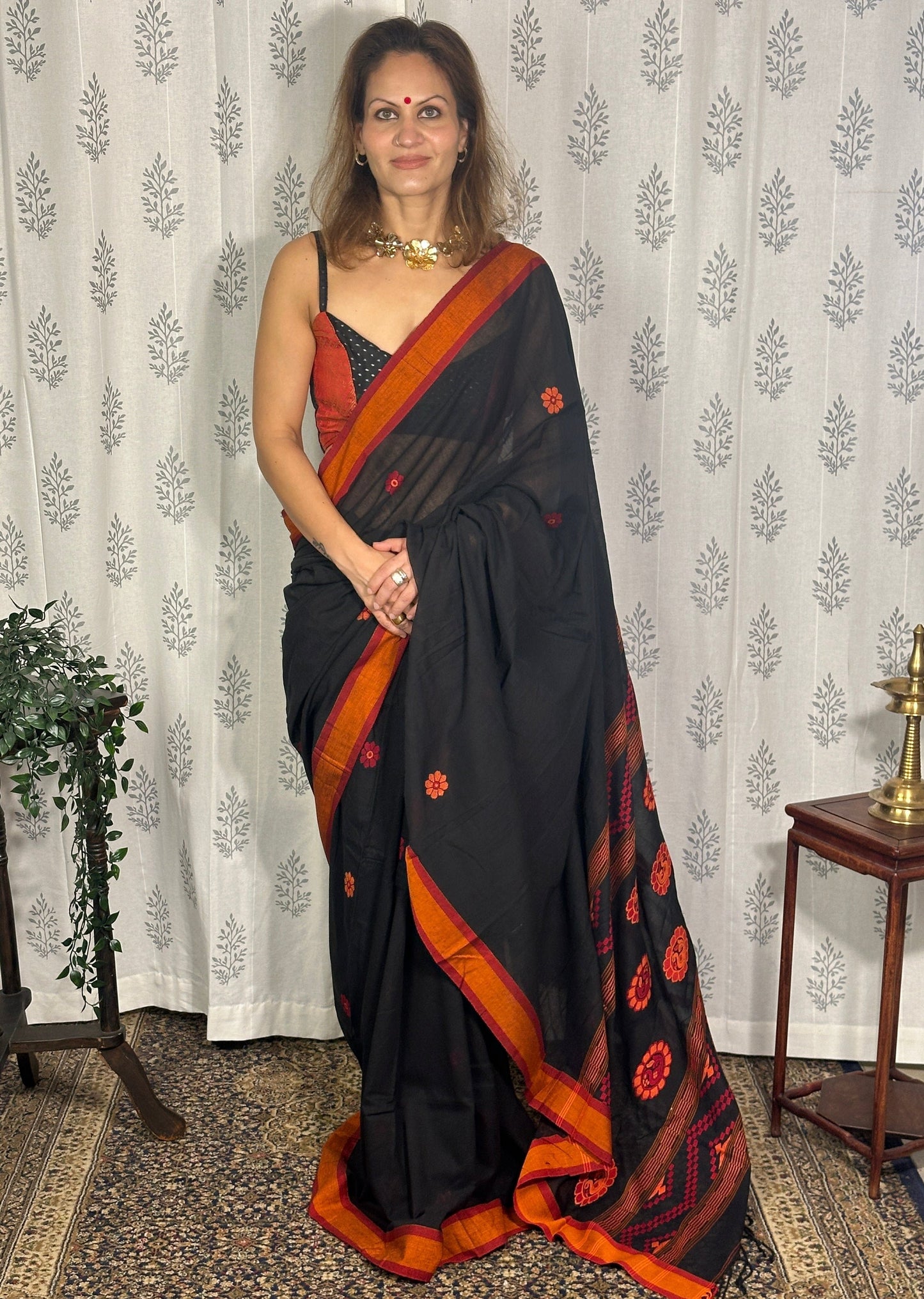 Black Baluchari Sari with Handwoven Design, Floral Butis, & Zari Border