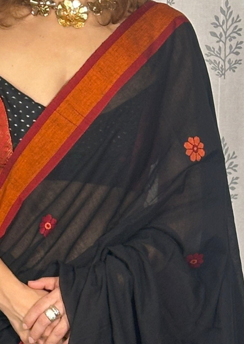 Black Baluchari Sari with Handwoven Design, Floral Butis, & Zari Border