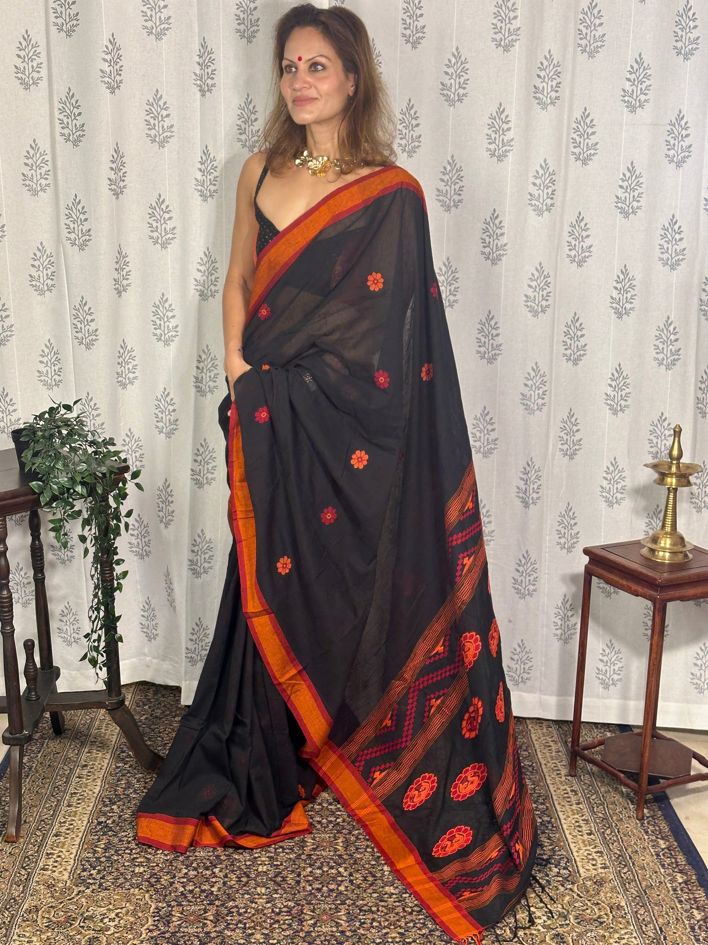 Black Baluchari Sari with Handwoven Design, Floral Butis, & Zari Border