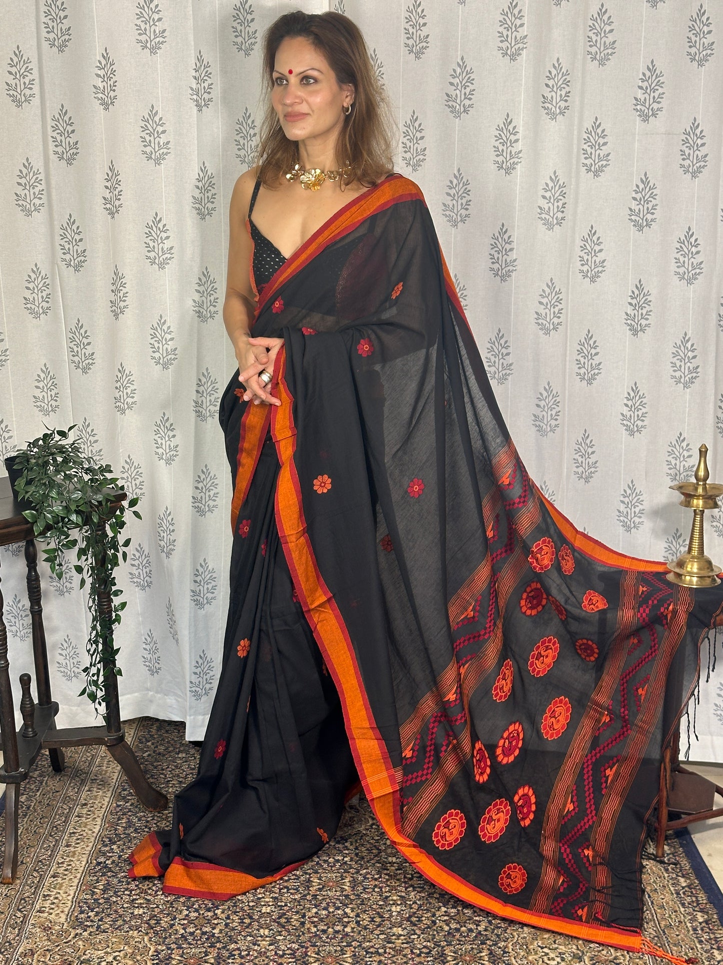 Black Baluchari Sari with Handwoven Design, Floral Butis, & Zari Border