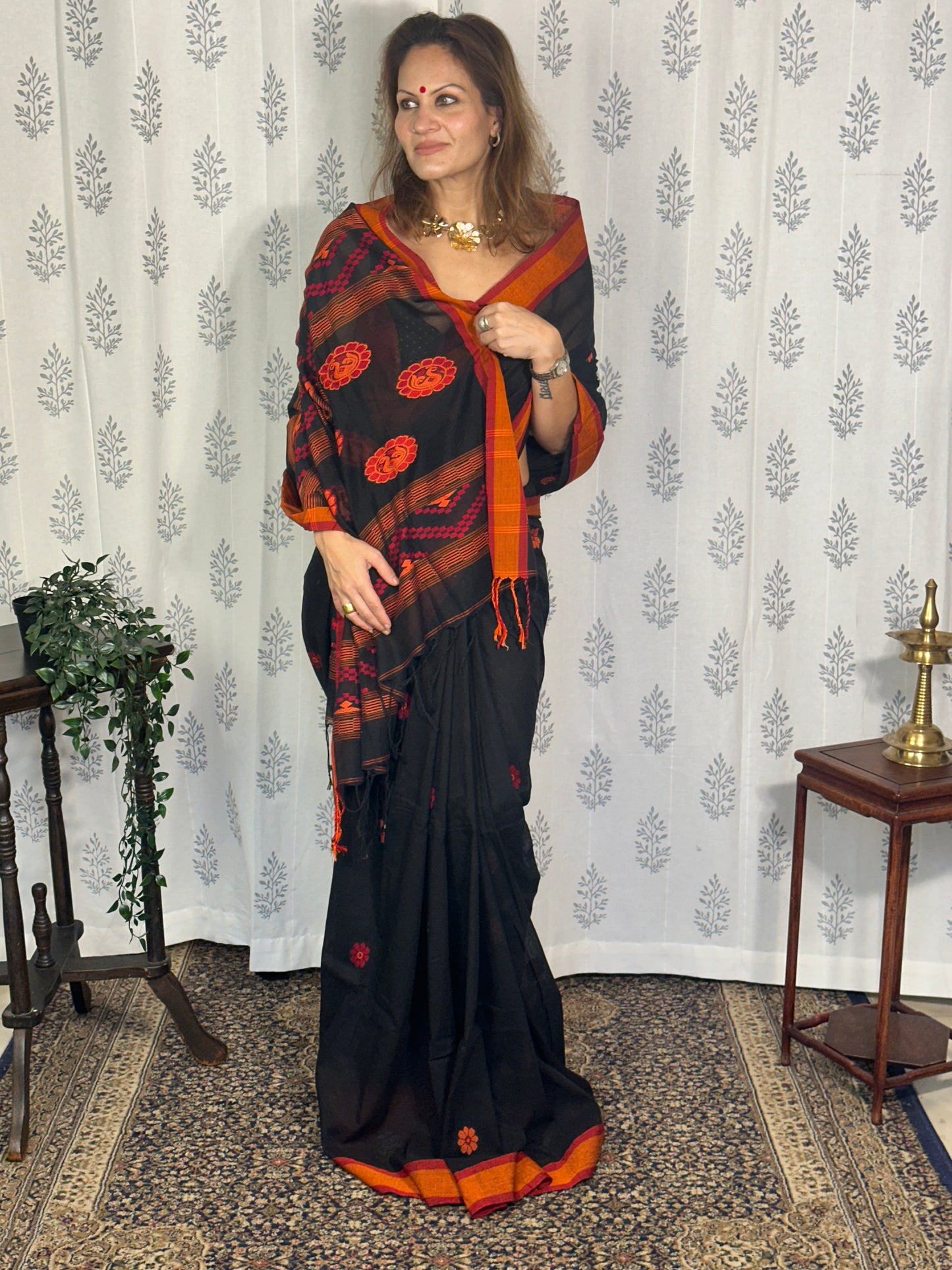 Black Baluchari Sari with Handwoven Design, Floral Butis, & Zari Border