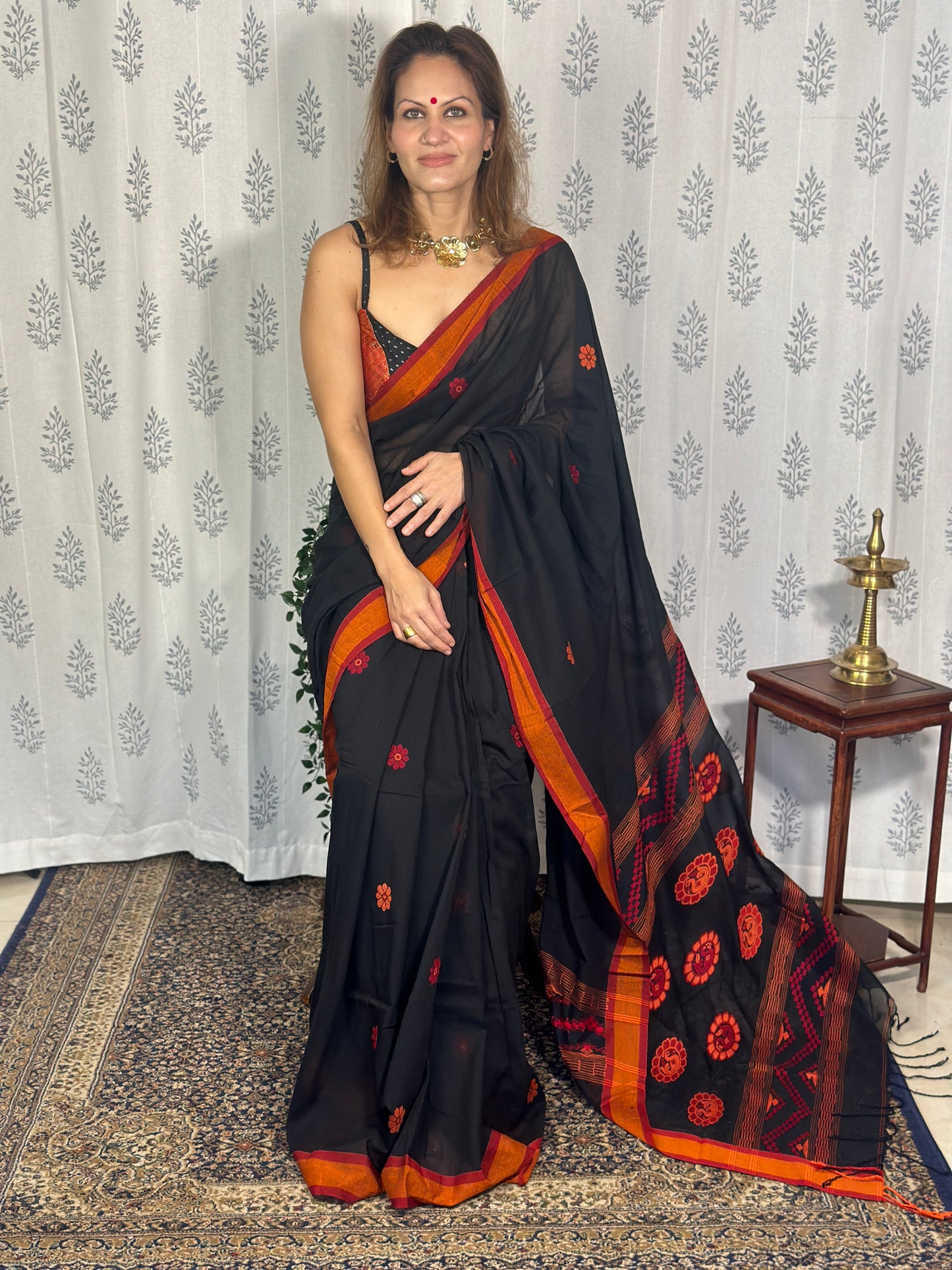 Black Baluchari Sari with Handwoven Design, Floral Butis, & Zari Border