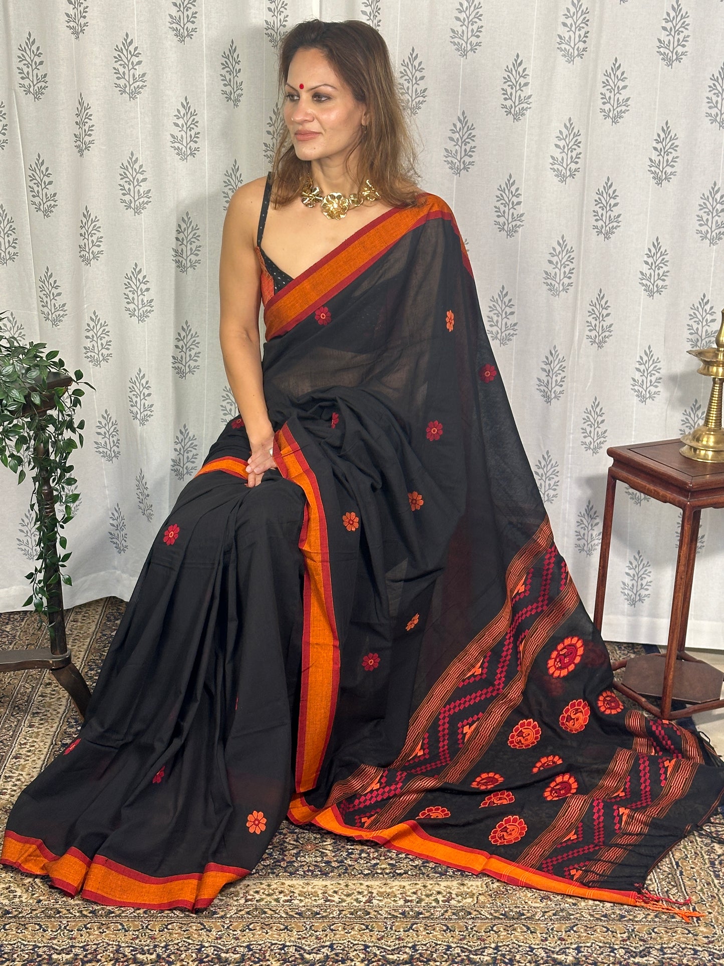 Black Baluchari Sari with Handwoven Design, Floral Butis, & Zari Border