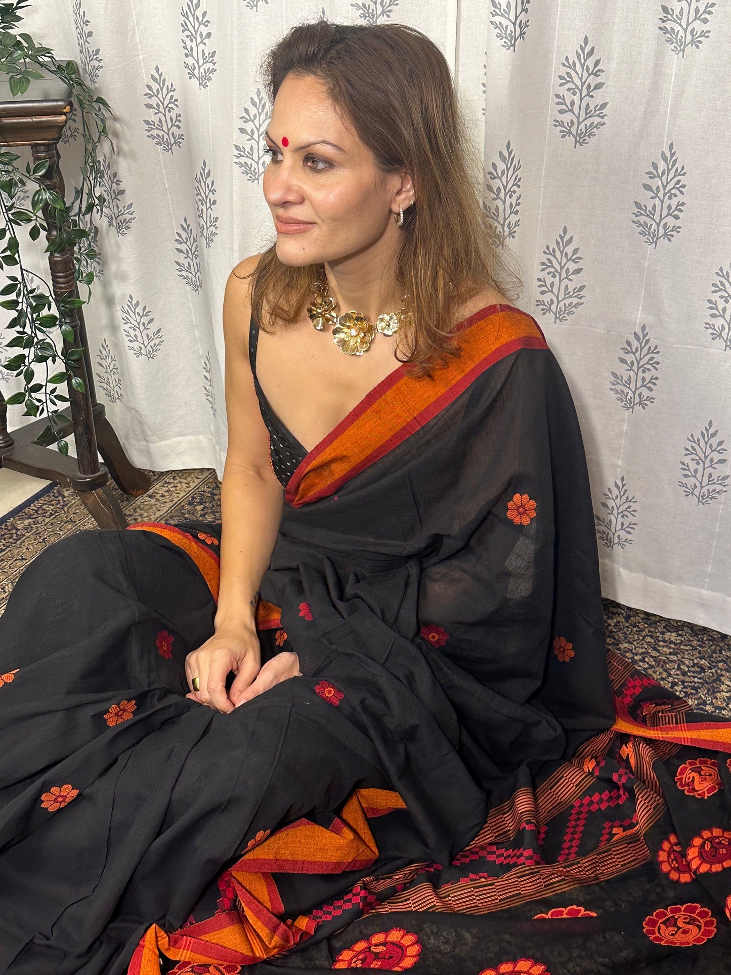 Black Baluchari Sari with Handwoven Design, Floral Butis, & Zari Border