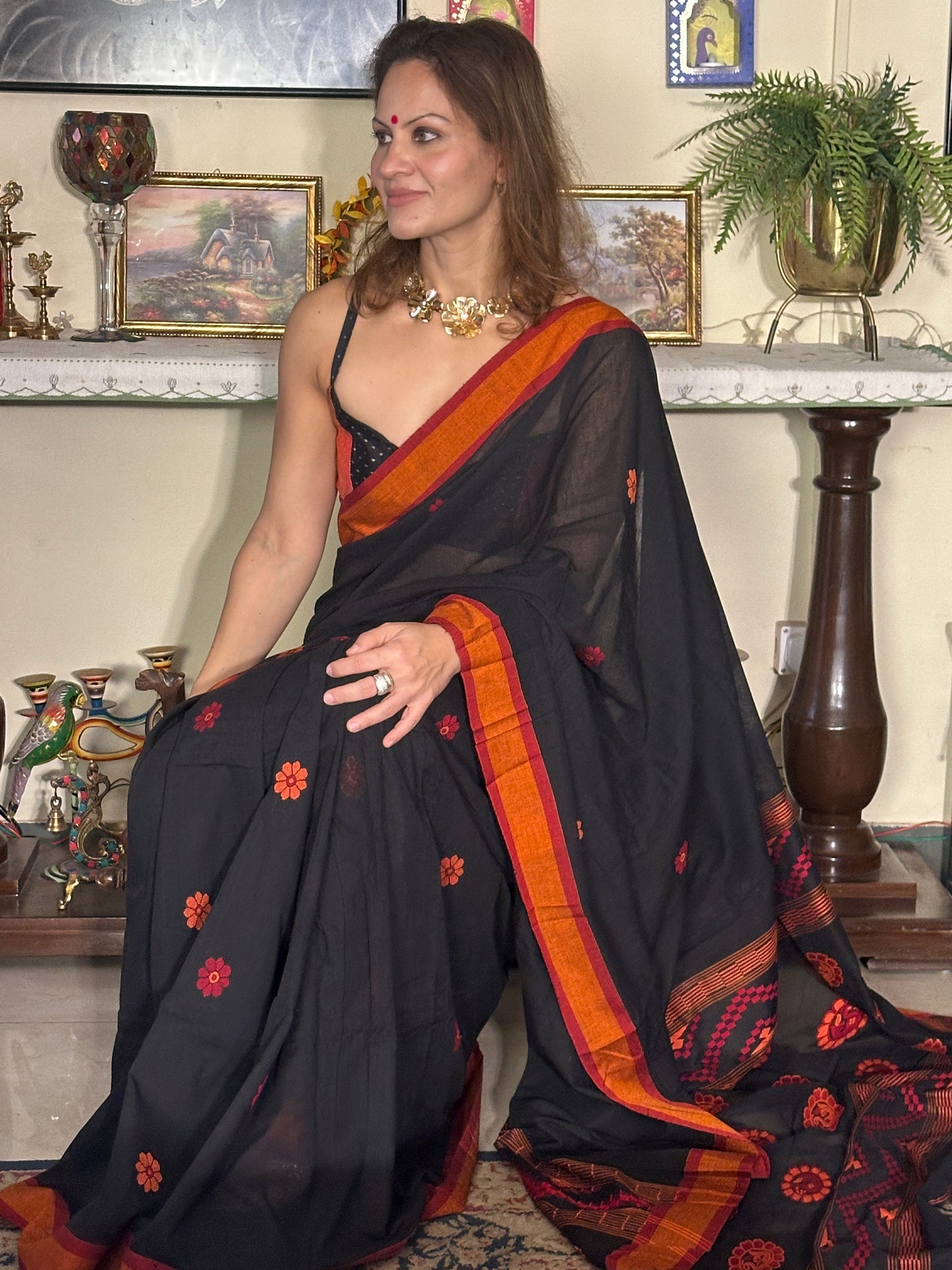 Black Baluchari Sari with Handwoven Design, Floral Butis, & Zari Border