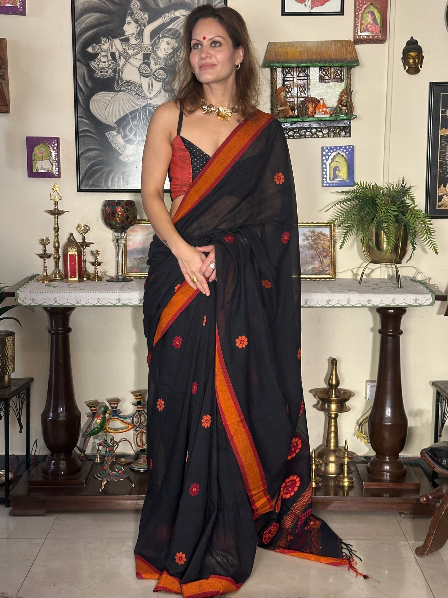 Black Baluchari Sari with Handwoven Design, Floral Butis, & Zari Border