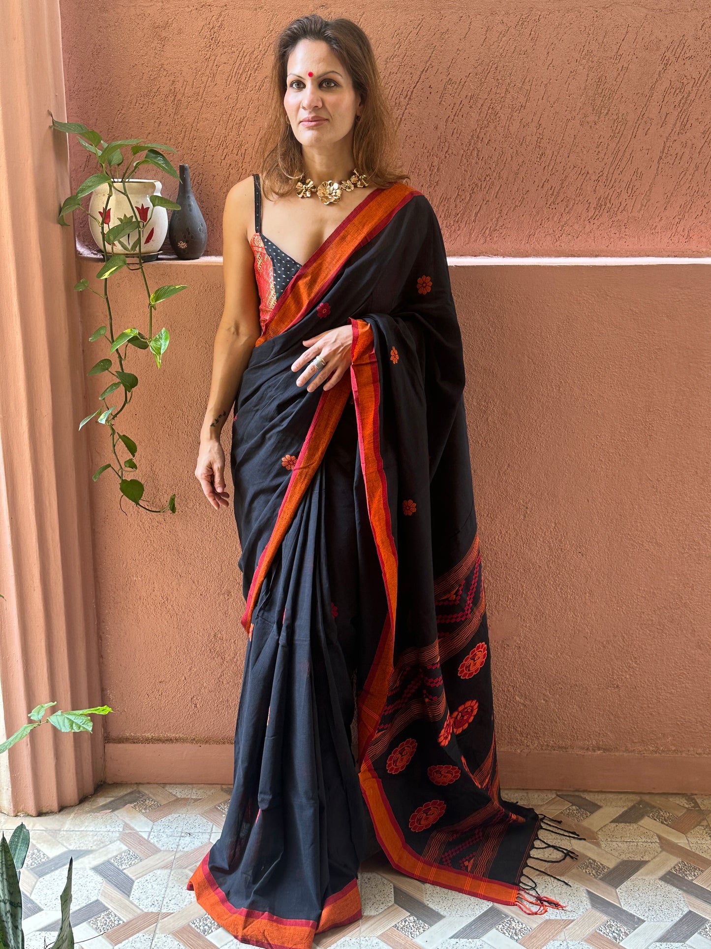 Black Baluchari Sari with Handwoven Design, Floral Butis, & Zari Border