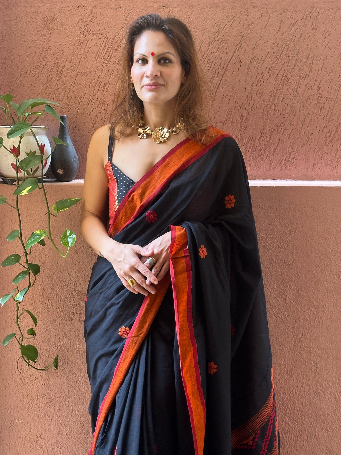 Black Baluchari Sari with Handwoven Design, Floral Butis, & Zari Border