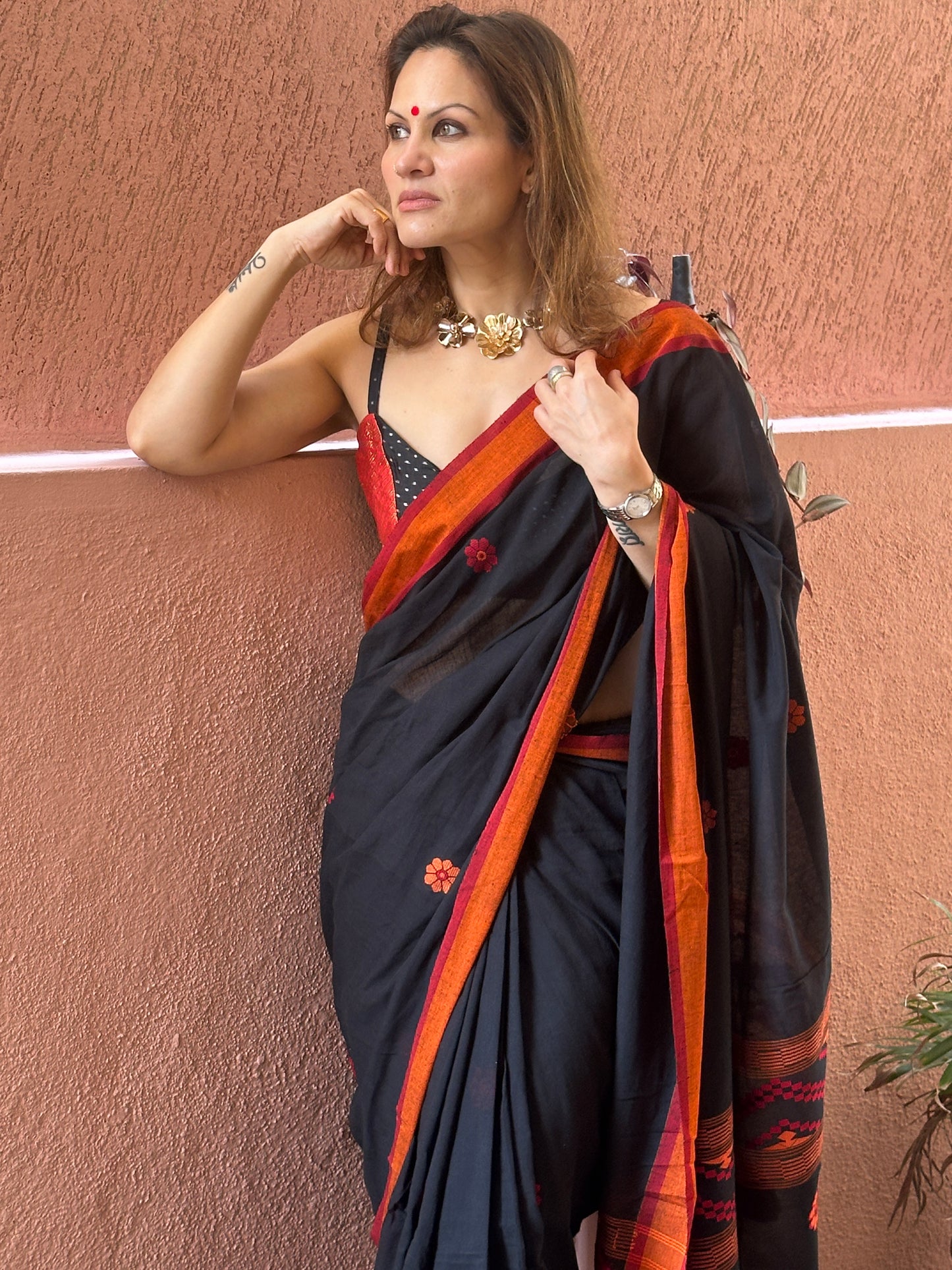 Black Baluchari Sari with Handwoven Design, Floral Butis, & Zari Border