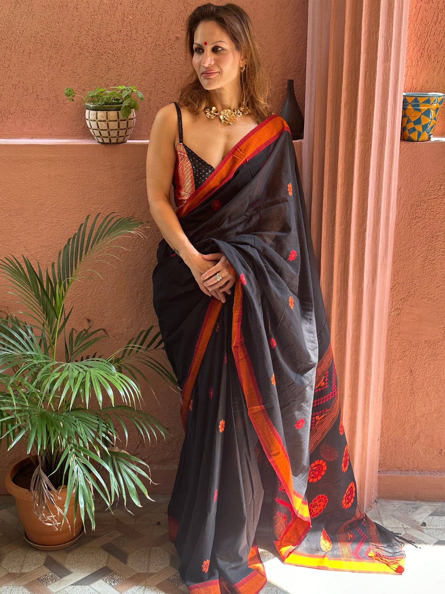 Black Baluchari Sari with Handwoven Design, Floral Butis, & Zari Border