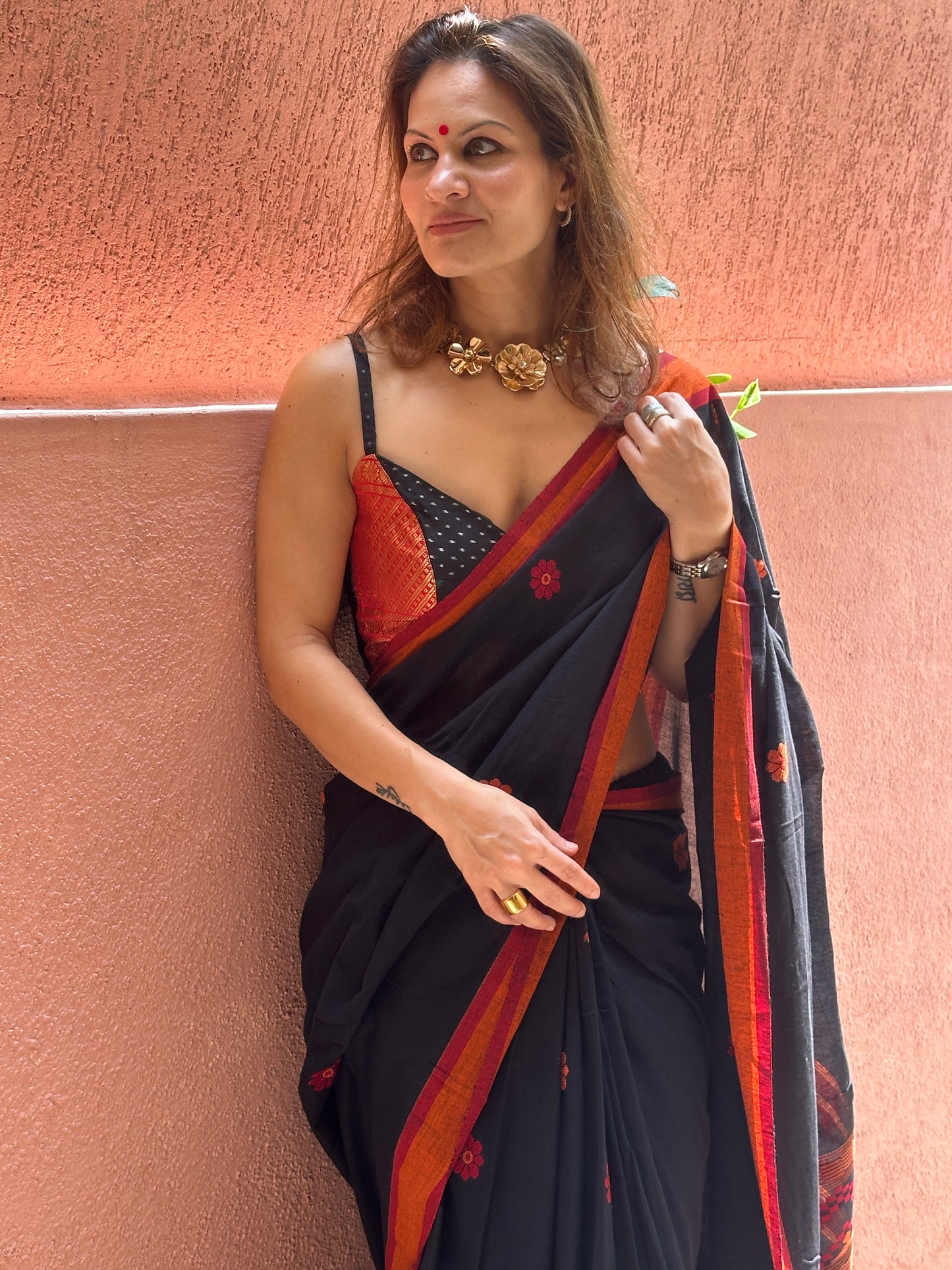 Black Baluchari Sari with Handwoven Design, Floral Butis, & Zari Border