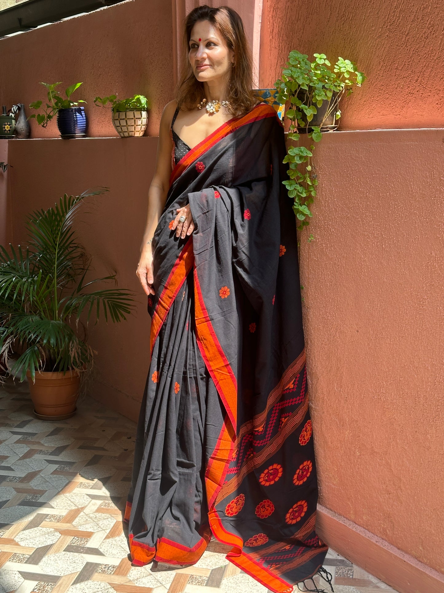 Black Baluchari Sari with Handwoven Design, Floral Butis, & Zari Border