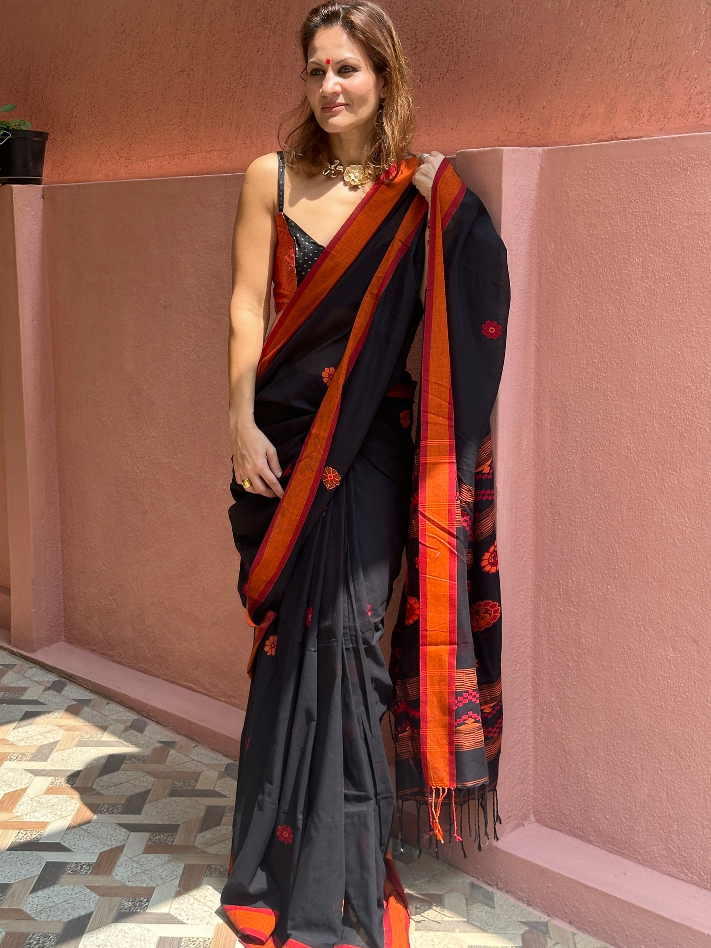 Black Baluchari Sari with Handwoven Design, Floral Butis, & Zari Border