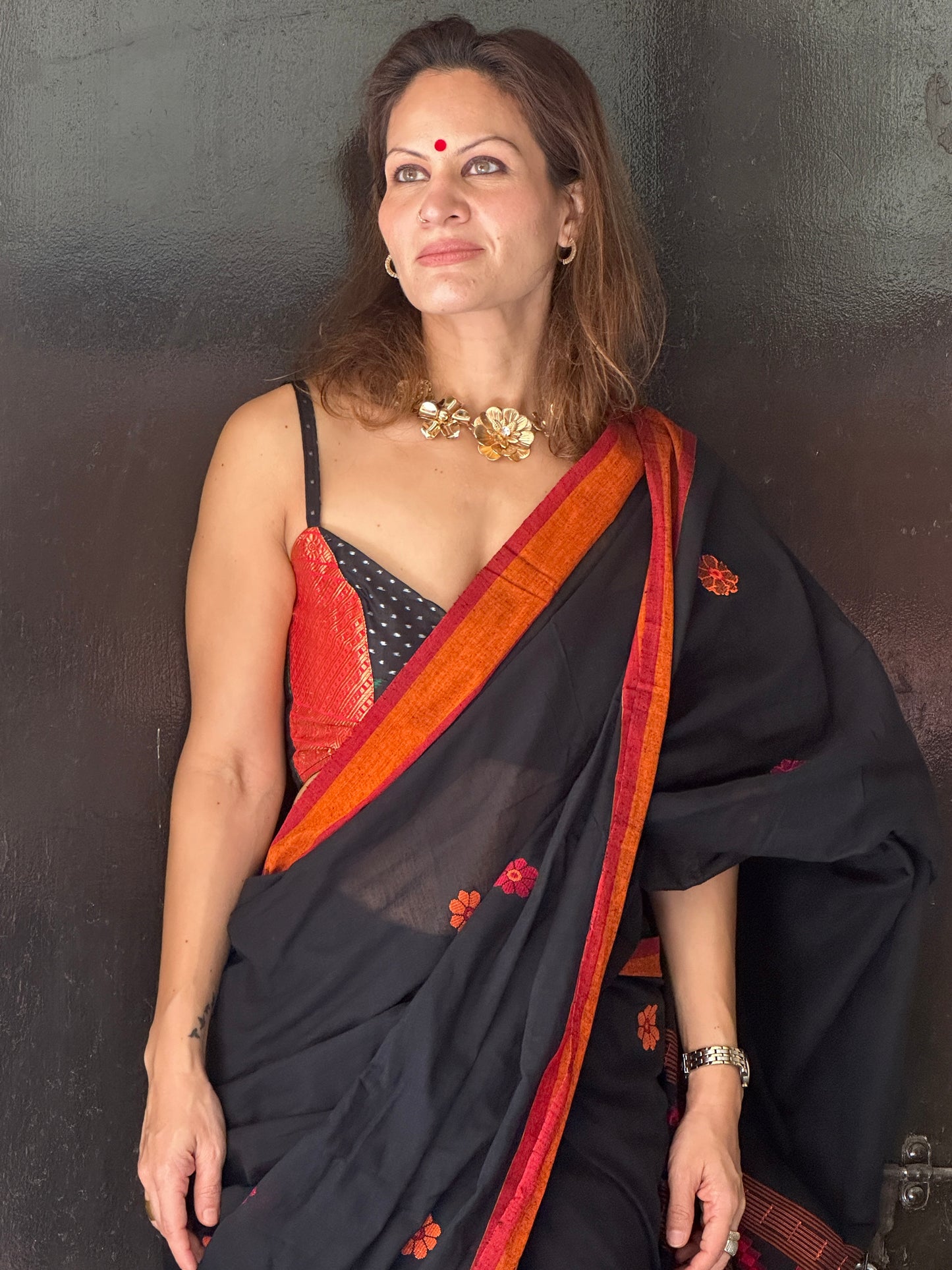 Black Baluchari Sari with Handwoven Design, Floral Butis, & Zari Border